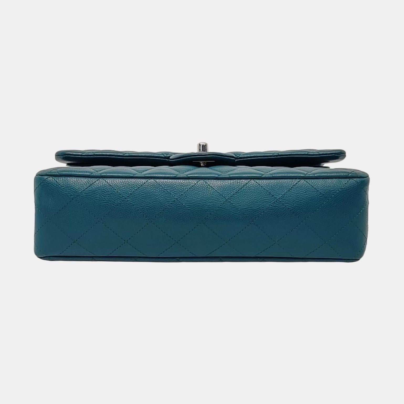 Chanel Classic Flap Medium Teal Green Caviar Leather with Silver Hardware en vente 3