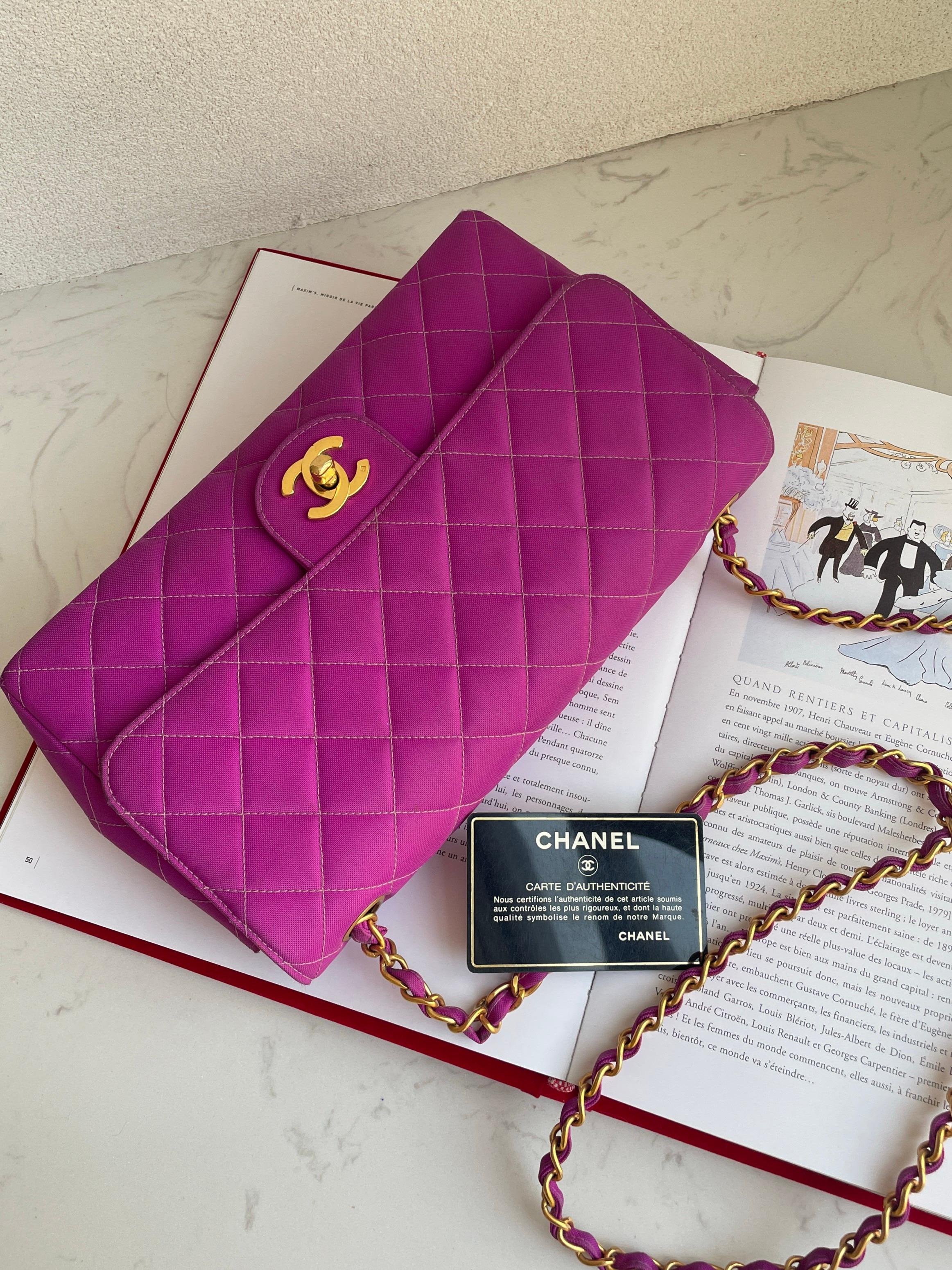 Chanel Classic Flap Medium Vintage Pink Fuchsia Canvas with 24k Gold Plated Hard For Sale 13