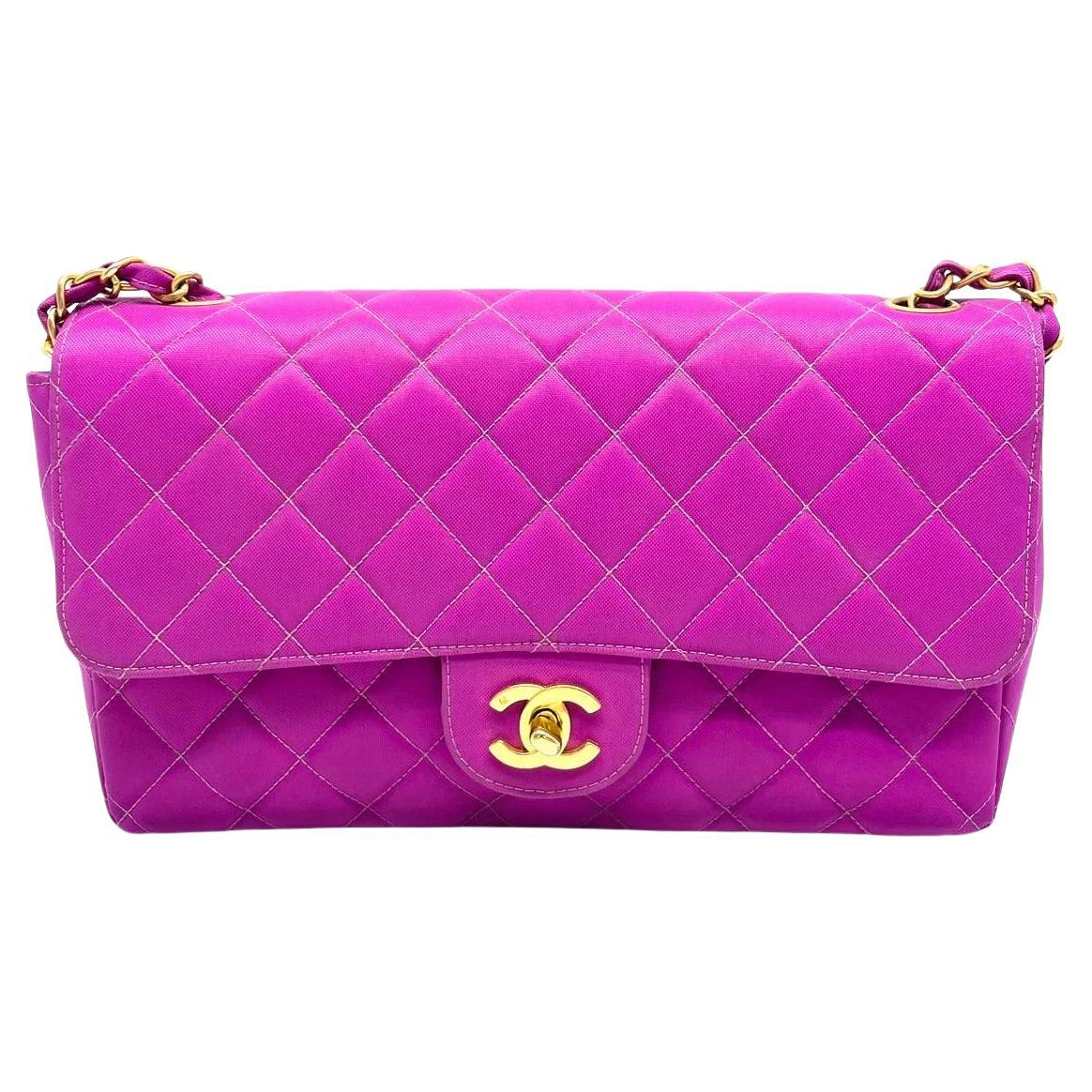 Chanel Classic Flap Medium Vintage Pink Fuchsia Canvas with 24k Gold Plated Hard For Sale