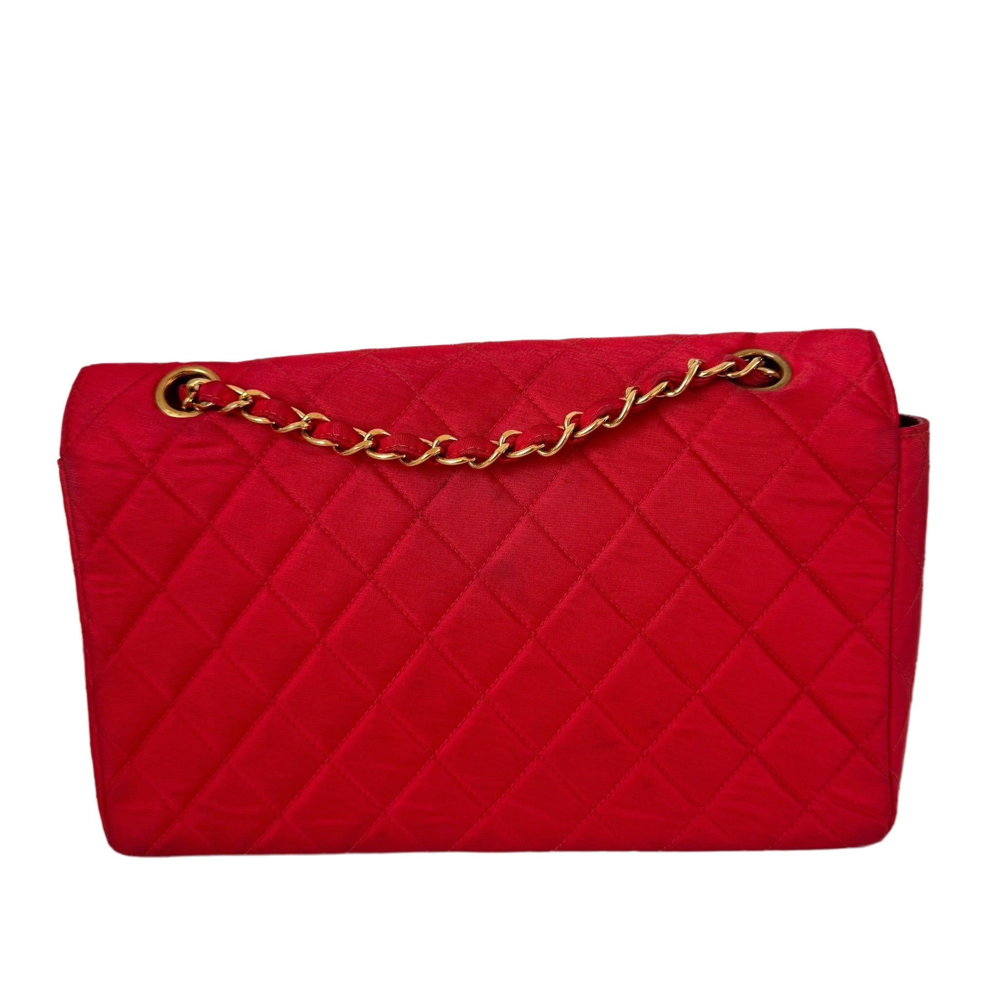 Women's Chanel Classic Flap Medium Vintage Red Nylon Satin with 24k Gold Plated HW For Sale