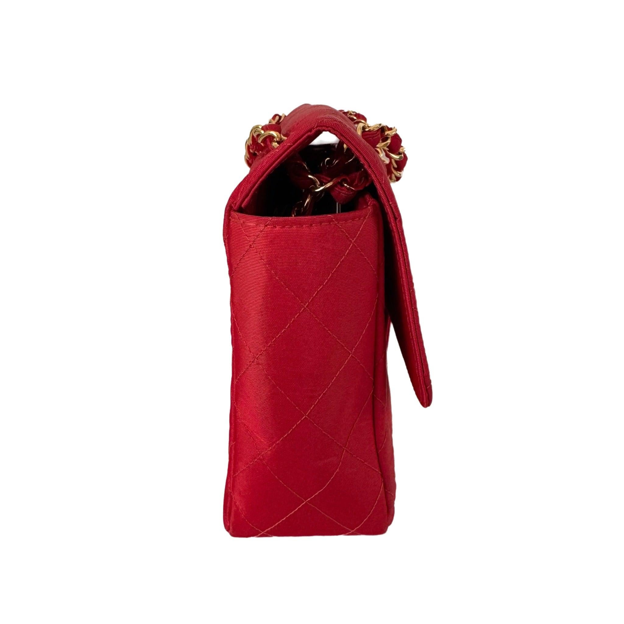 Chanel Classic Flap Medium Vintage Red Nylon Satin with 24k Gold Plated HW For Sale 1