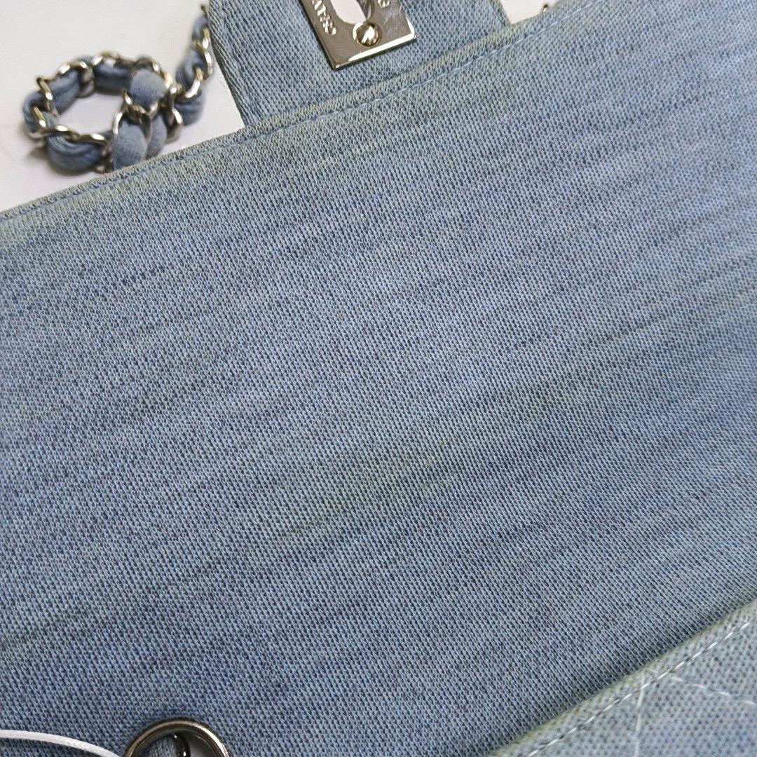 Chanel Classic Flap Medium Vintage Sky Blue Cotton Fabric Silver Hardware Single For Sale 7
