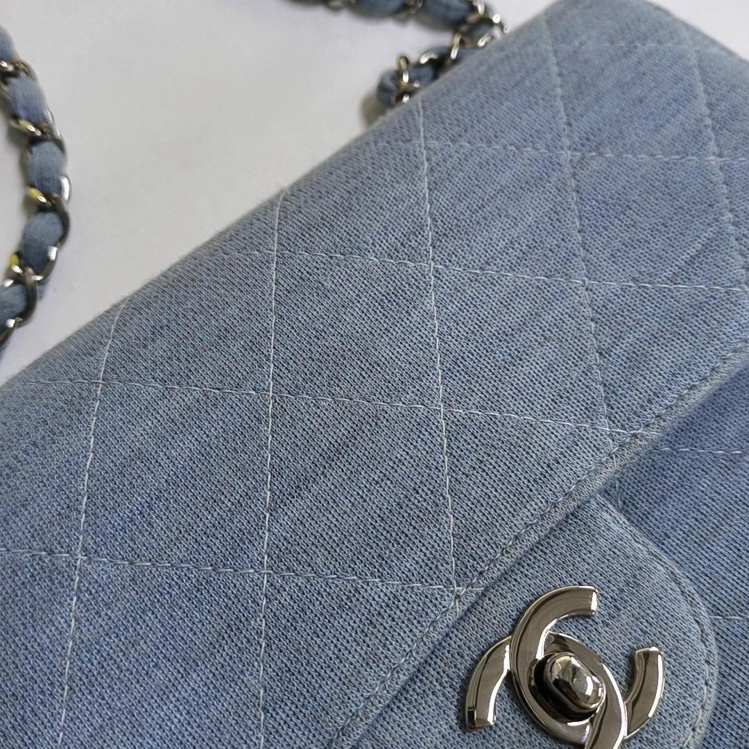 Chanel Classic Flap Medium Vintage Sky Blue Cotton Fabric Silver Hardware Single For Sale 8