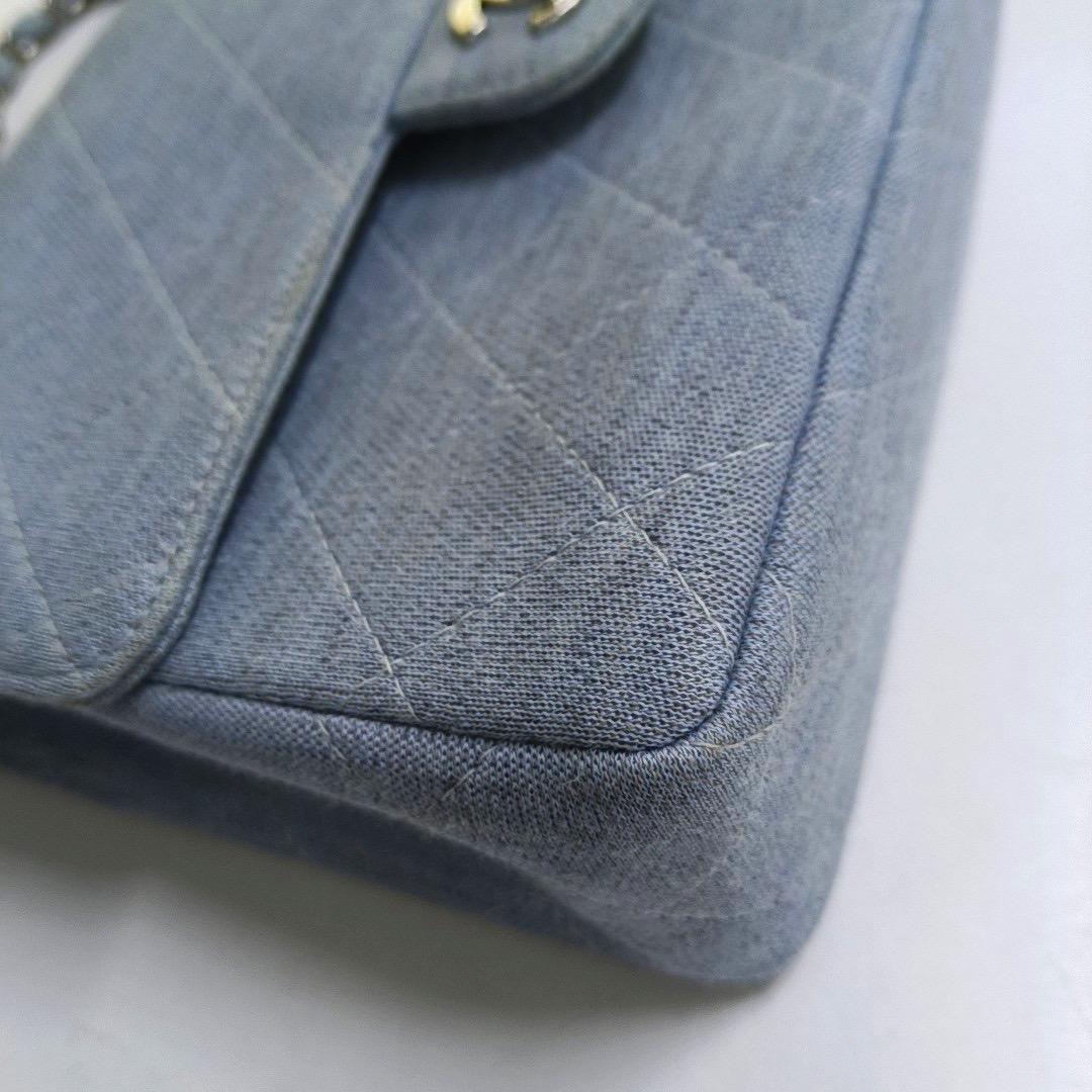 Chanel Classic Flap Medium Vintage Sky Blue Cotton Fabric Silver Hardware Single For Sale 10