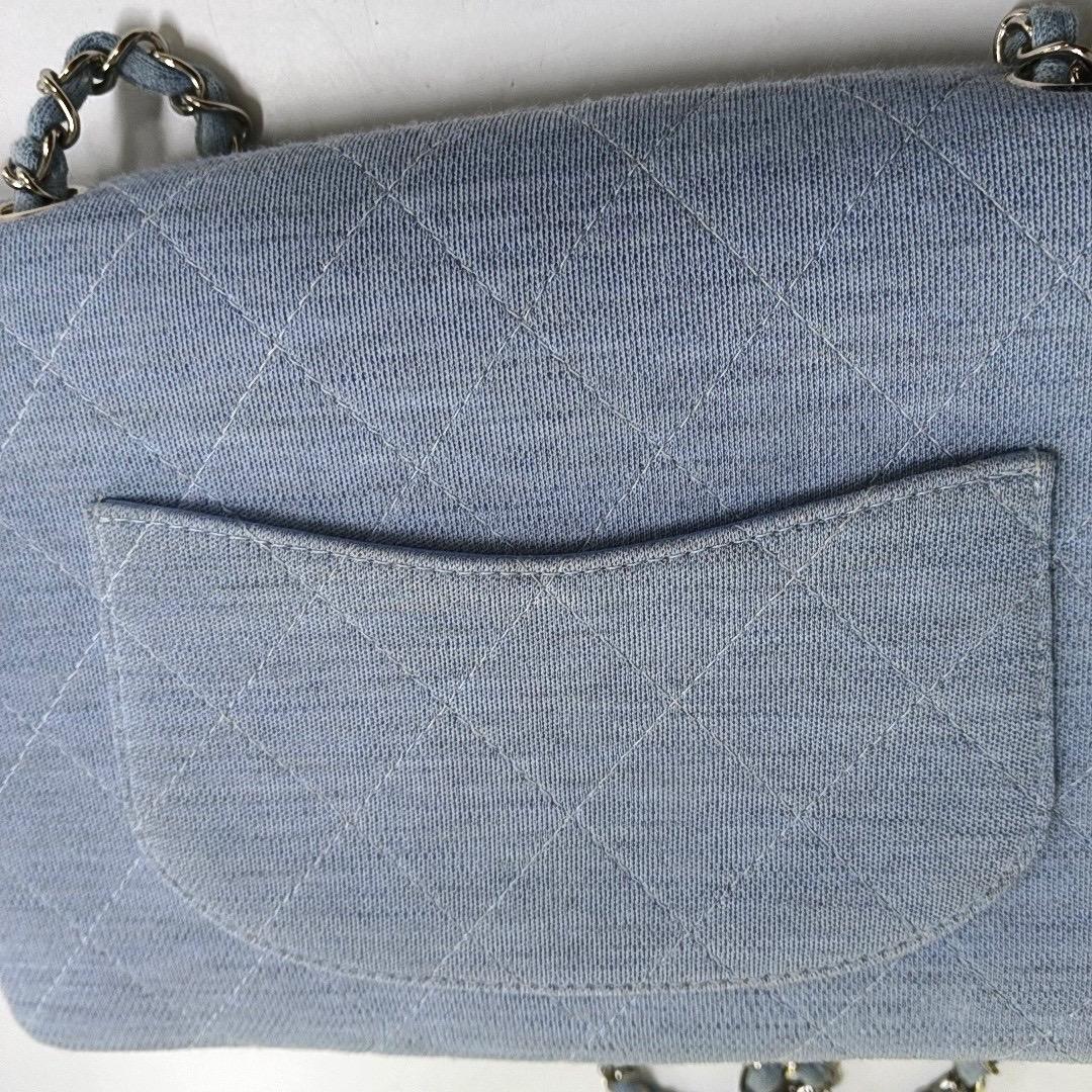 Chanel Classic Flap Medium Vintage Sky Blue Cotton Fabric Silver Hardware Single For Sale 12