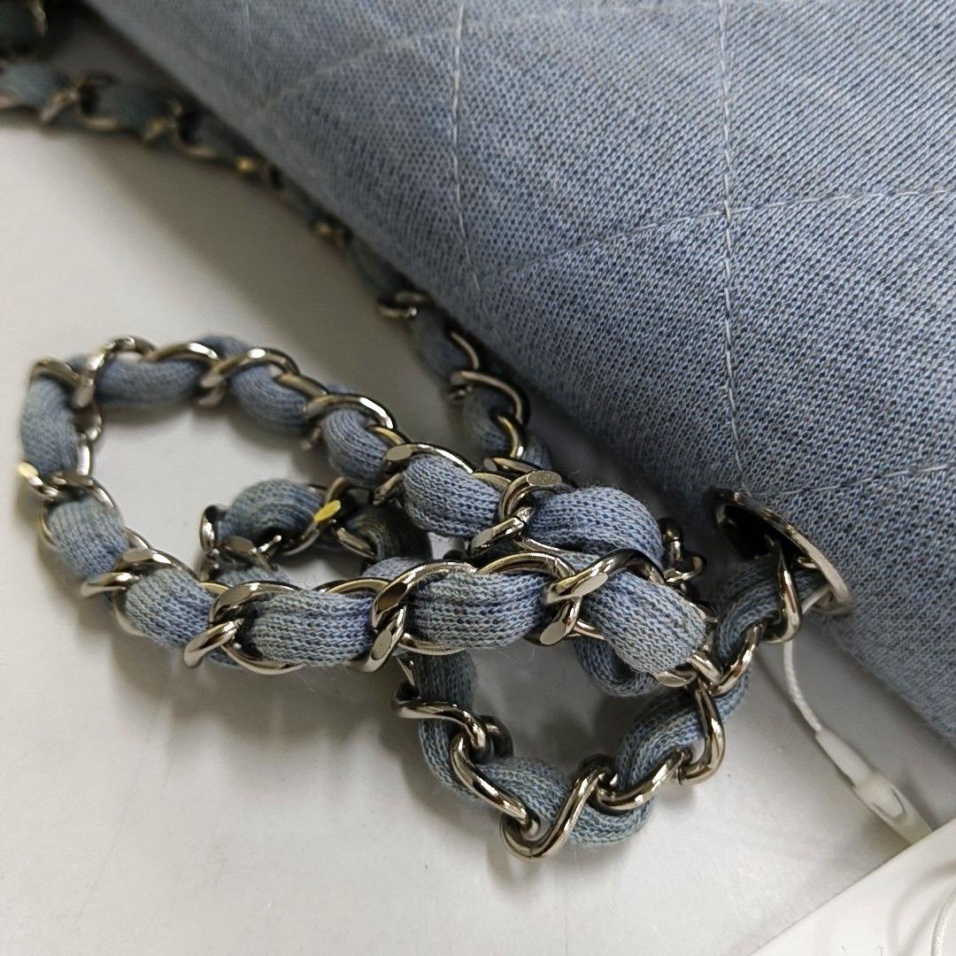 Chanel Classic Flap Medium Vintage Sky Blue Cotton Fabric Silver Hardware Single For Sale 13