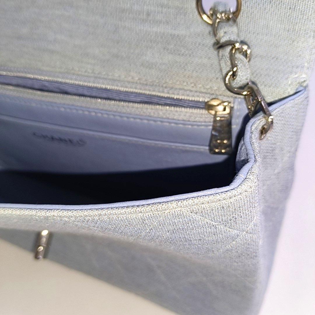 Chanel Classic Flap Medium Vintage Sky Blue Cotton Fabric Silver Hardware Single For Sale 14