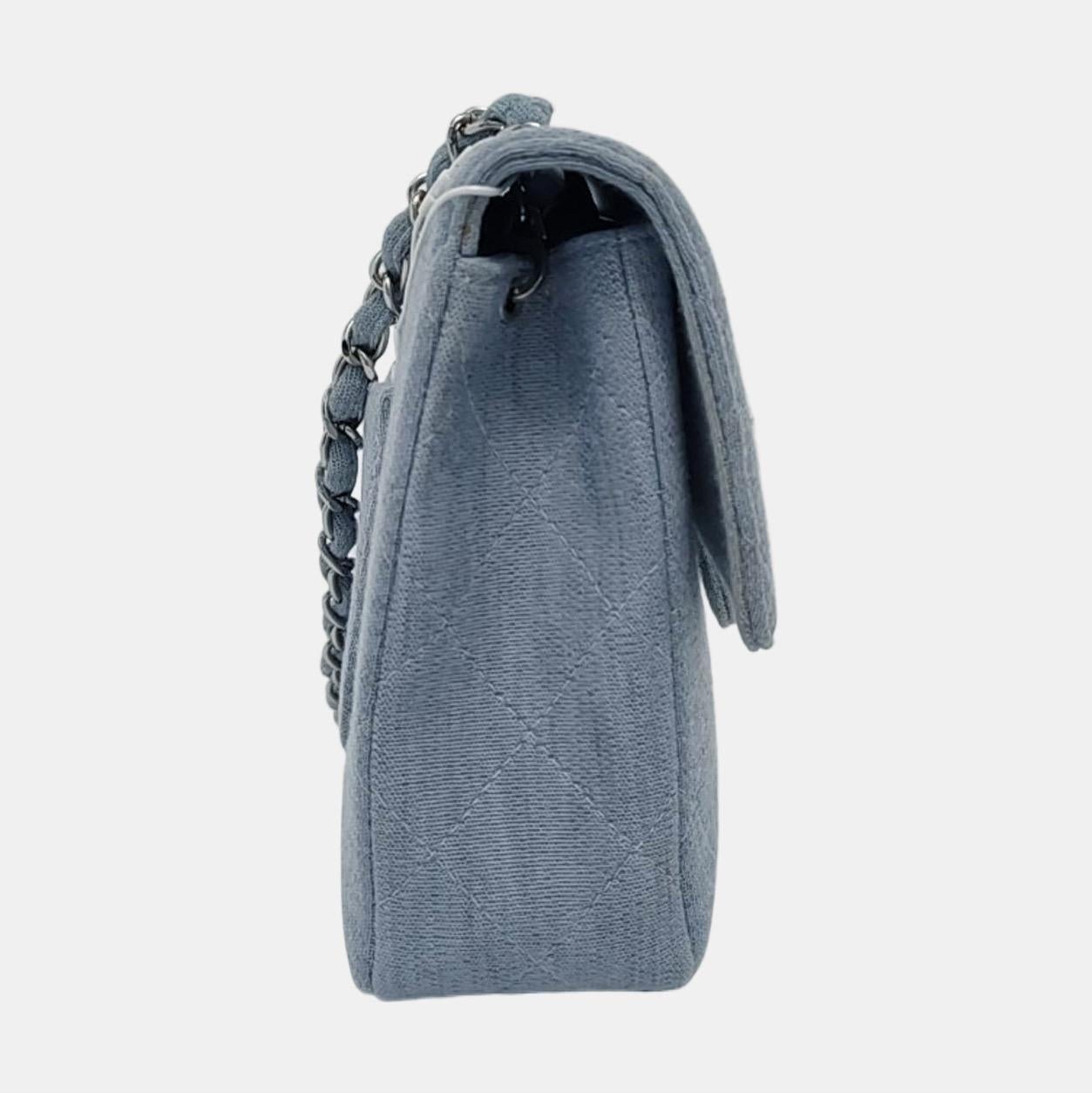 Women's Chanel Classic Flap Medium Vintage Sky Blue Cotton Fabric Silver Hardware Single For Sale