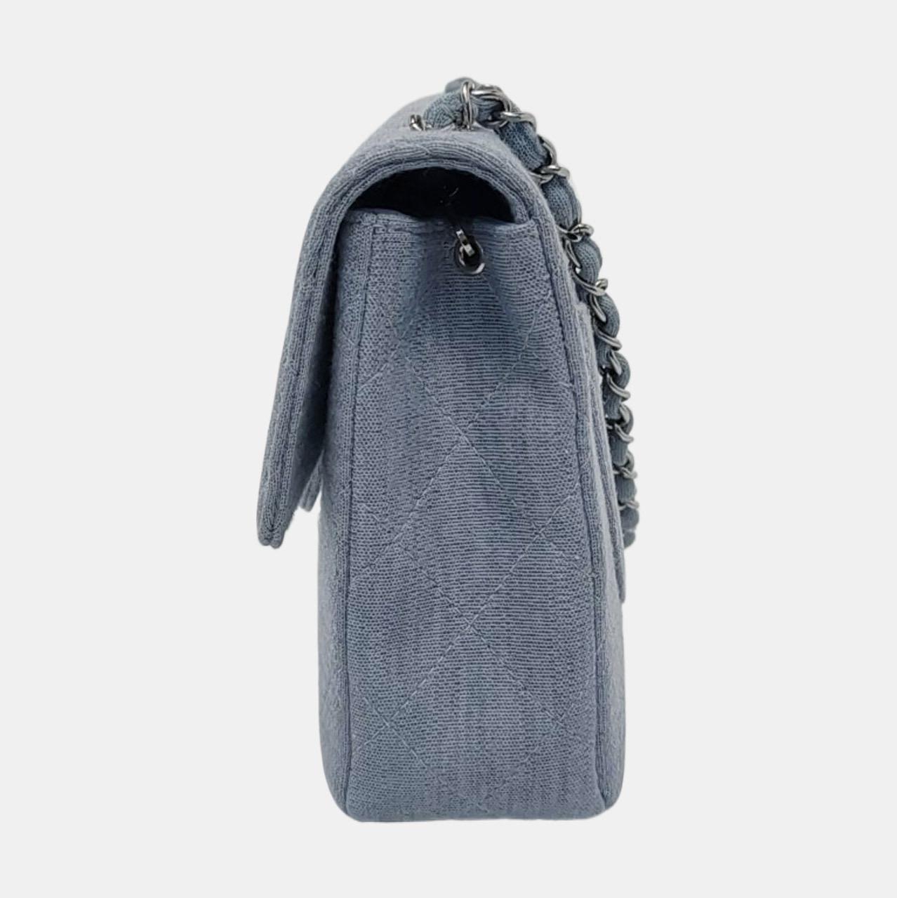 Chanel Classic Flap Medium Vintage Sky Blue Cotton Fabric Silver Hardware Single For Sale 1
