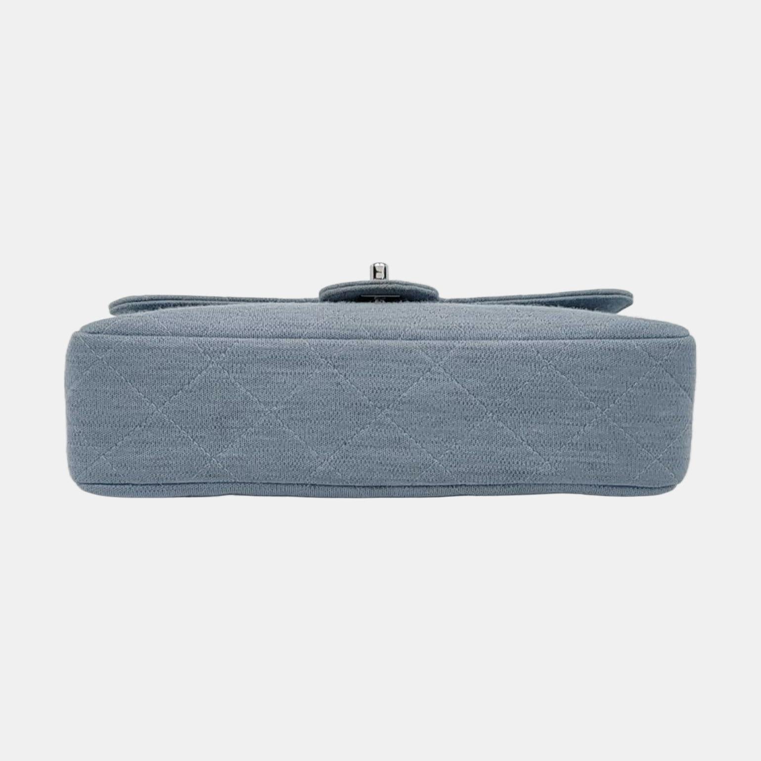 Chanel Classic Flap Medium Vintage Sky Blue Cotton Fabric Silver Hardware Single For Sale 2