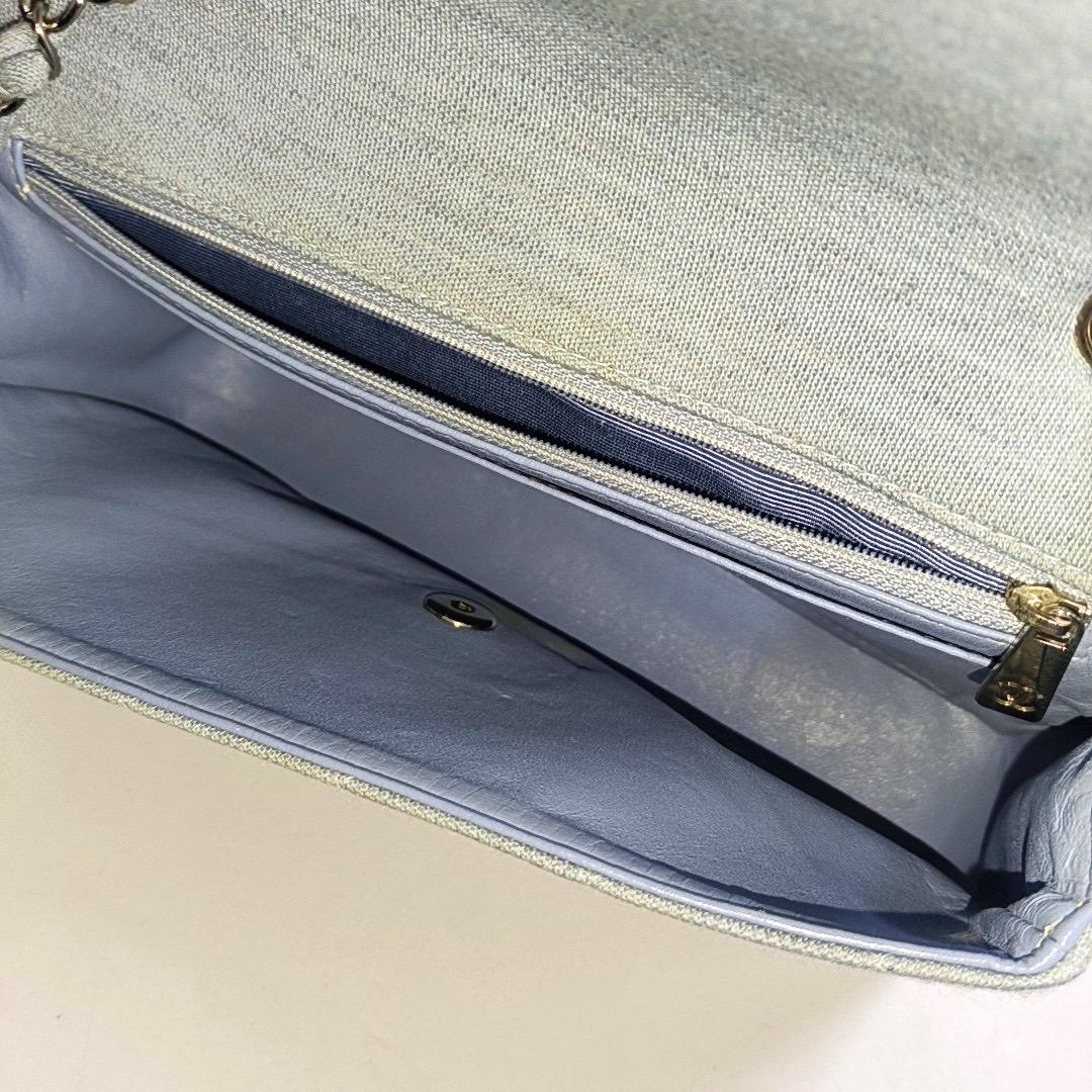 Chanel Classic Flap Medium Vintage Sky Blue Cotton Fabric Silver Hardware Single For Sale 3
