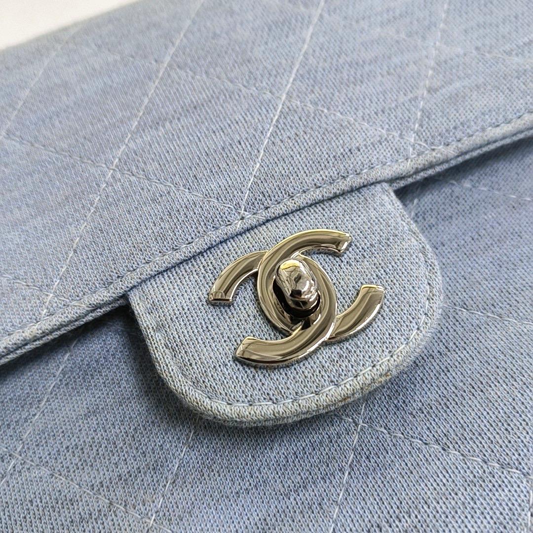Chanel Classic Flap Medium Vintage Sky Blue Cotton Fabric Silver Hardware Single For Sale 4