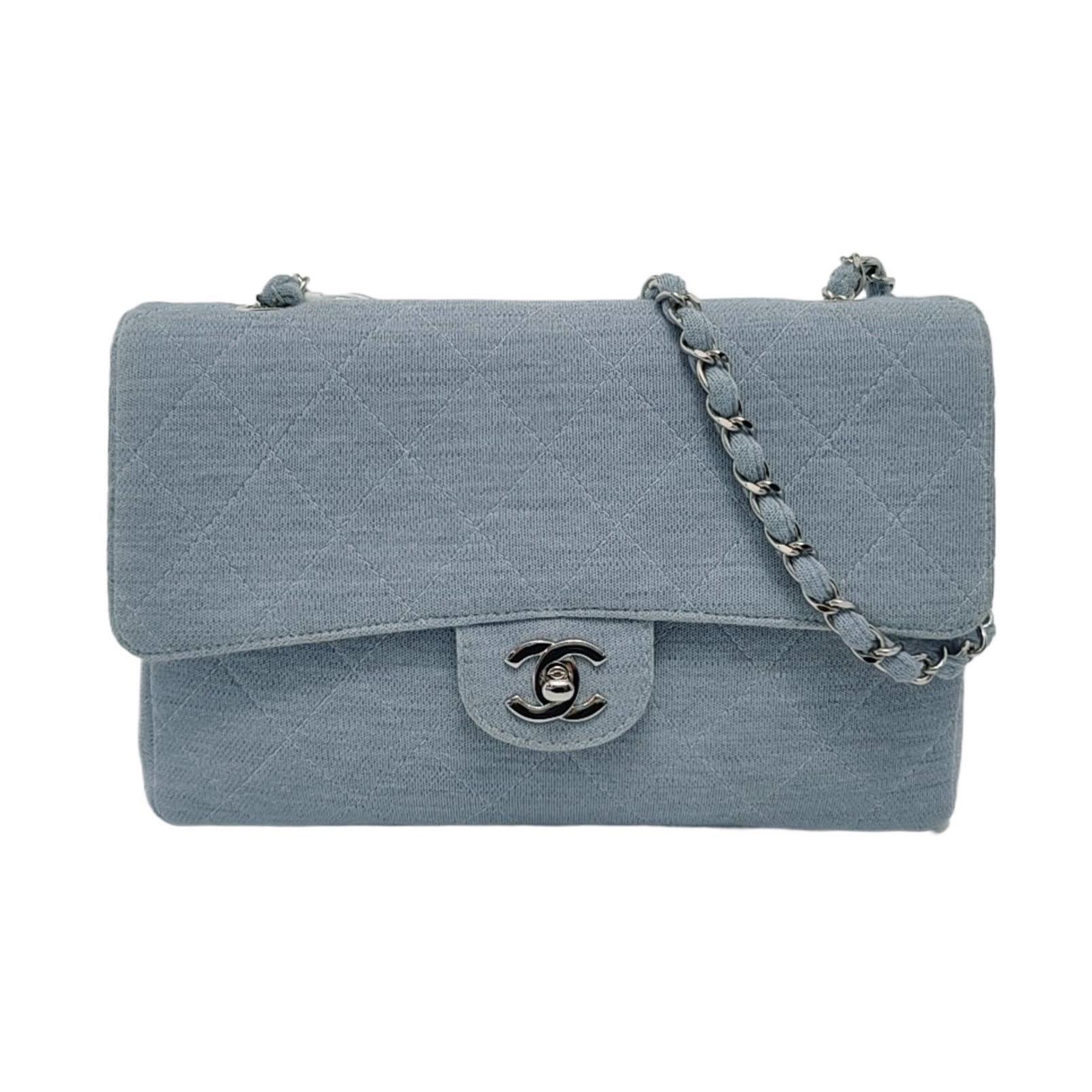 Chanel Classic Flap Medium Vintage Sky Blue Cotton Fabric Silver Hardware Single For Sale