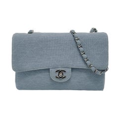 Chanel Classic Flap Medium Vintage Sky Blue Cotton Fabric Silver Hardware Single