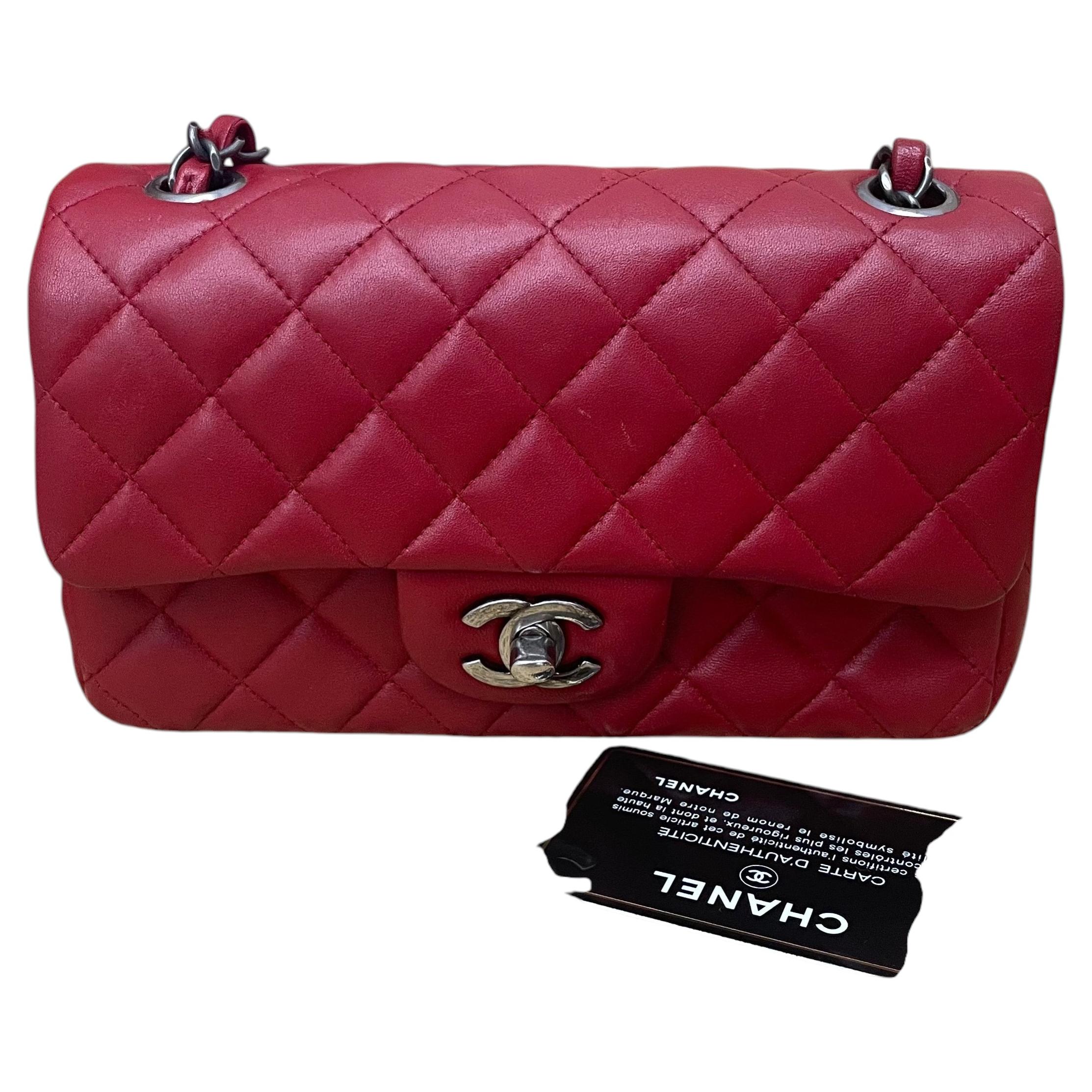 Chanel Classic Flap Mini 2014 Red Lambskin Leather Silver Hardware For Sale