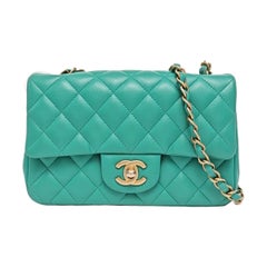 Chanel Classic Flap Mini 2018 Turquoise Blue Green Lambskin Leather Gold HW