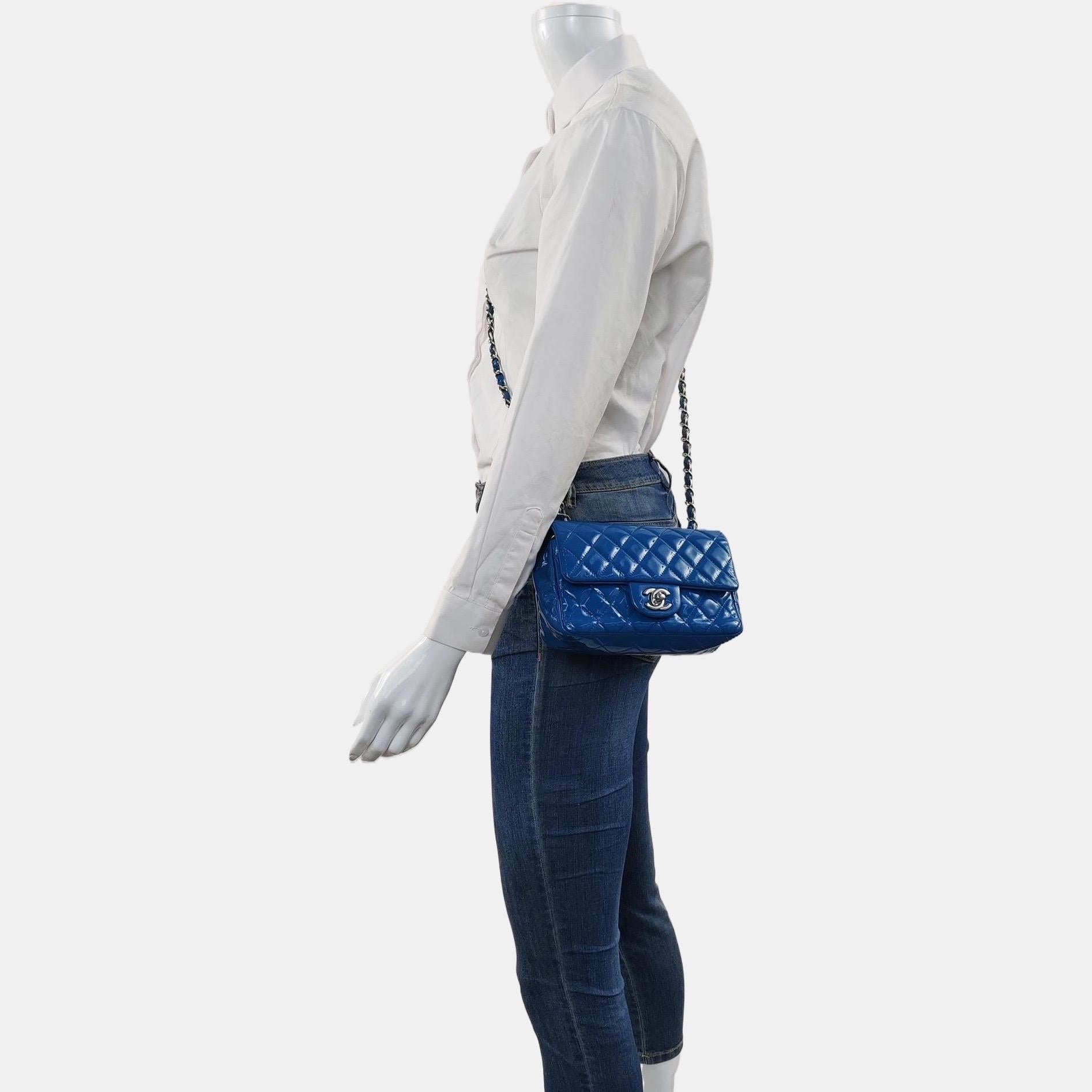 Chanel Classic Flap Mini Blue Patent Leather Silver Hardware For Sale ...