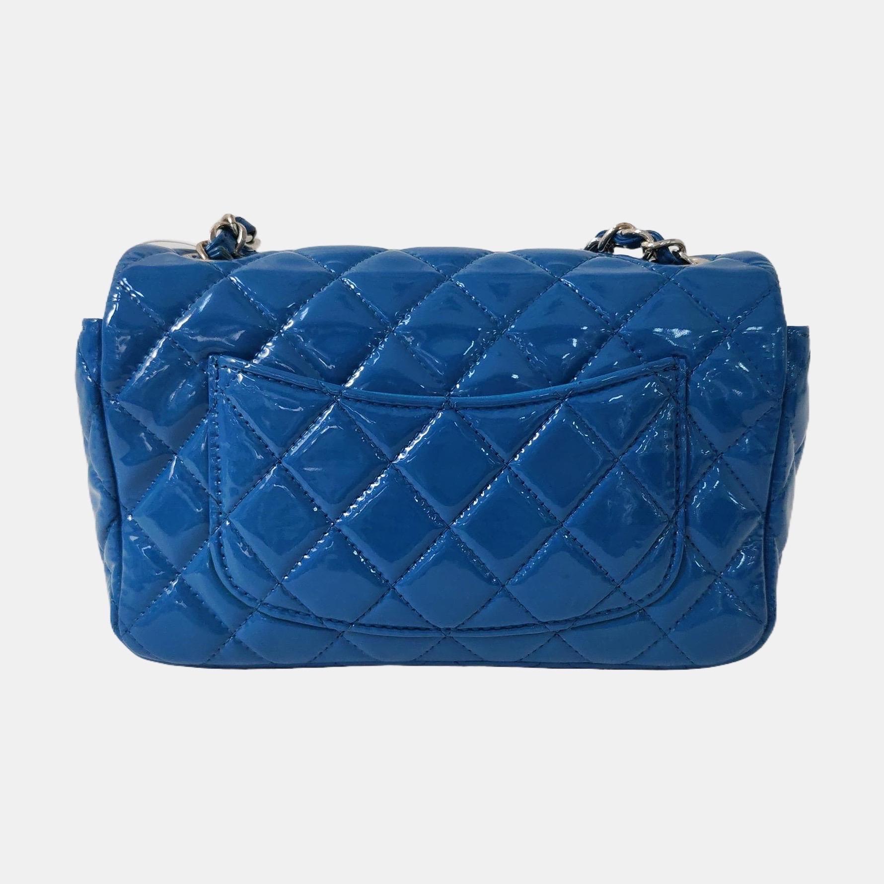 Chanel Classic Flap Mini Blue Patent Leather Silver Hardware For Sale ...