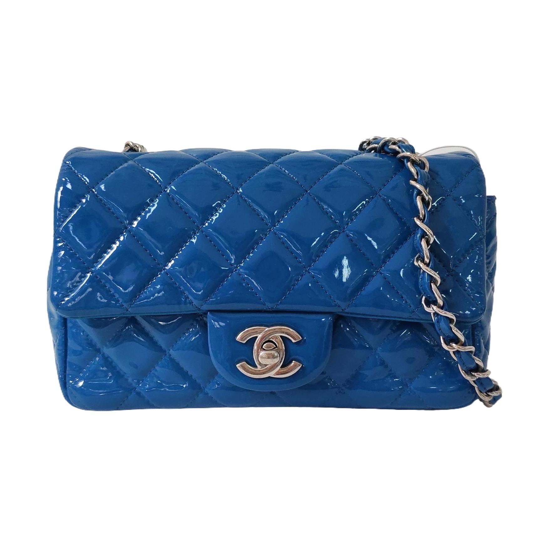 Chanel Classic Flap Mini Blue Patent Leather Silver Hardware For Sale