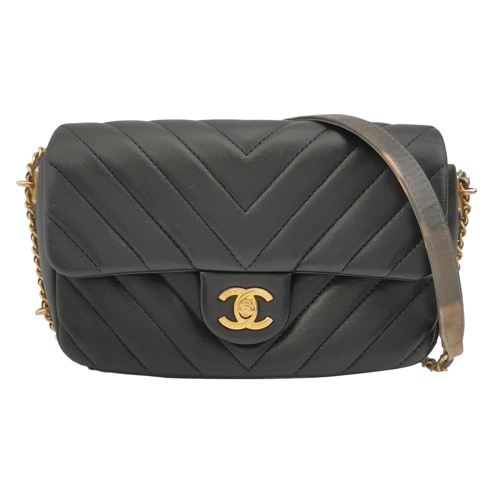 Chanel Classic Flap Mini Chevron Black Quilted Lambskin Leather Chain Around