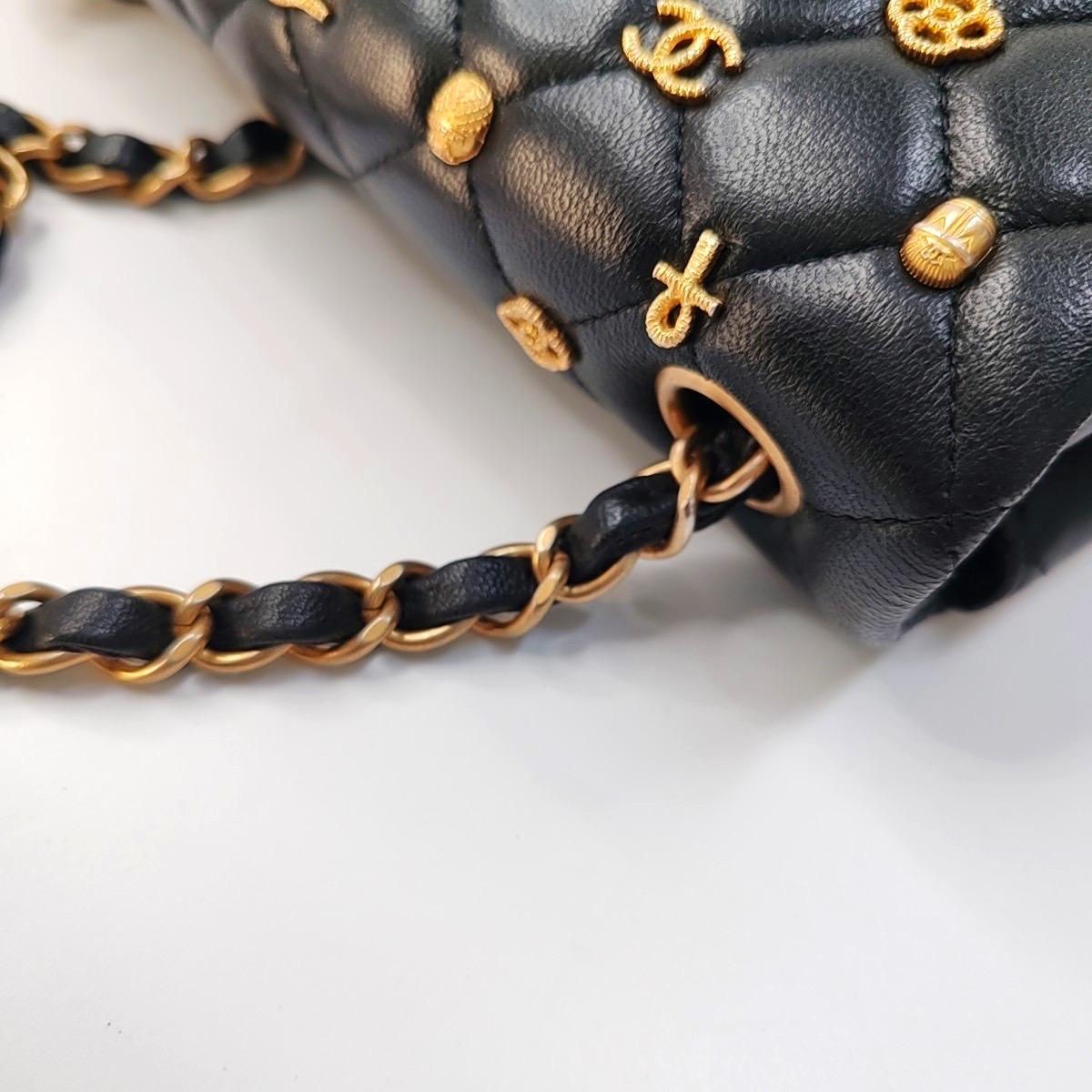 Chanel Classic Flap Mini Egyptian Amulet Black Lambskin Leather Gold Hardware For Sale 9