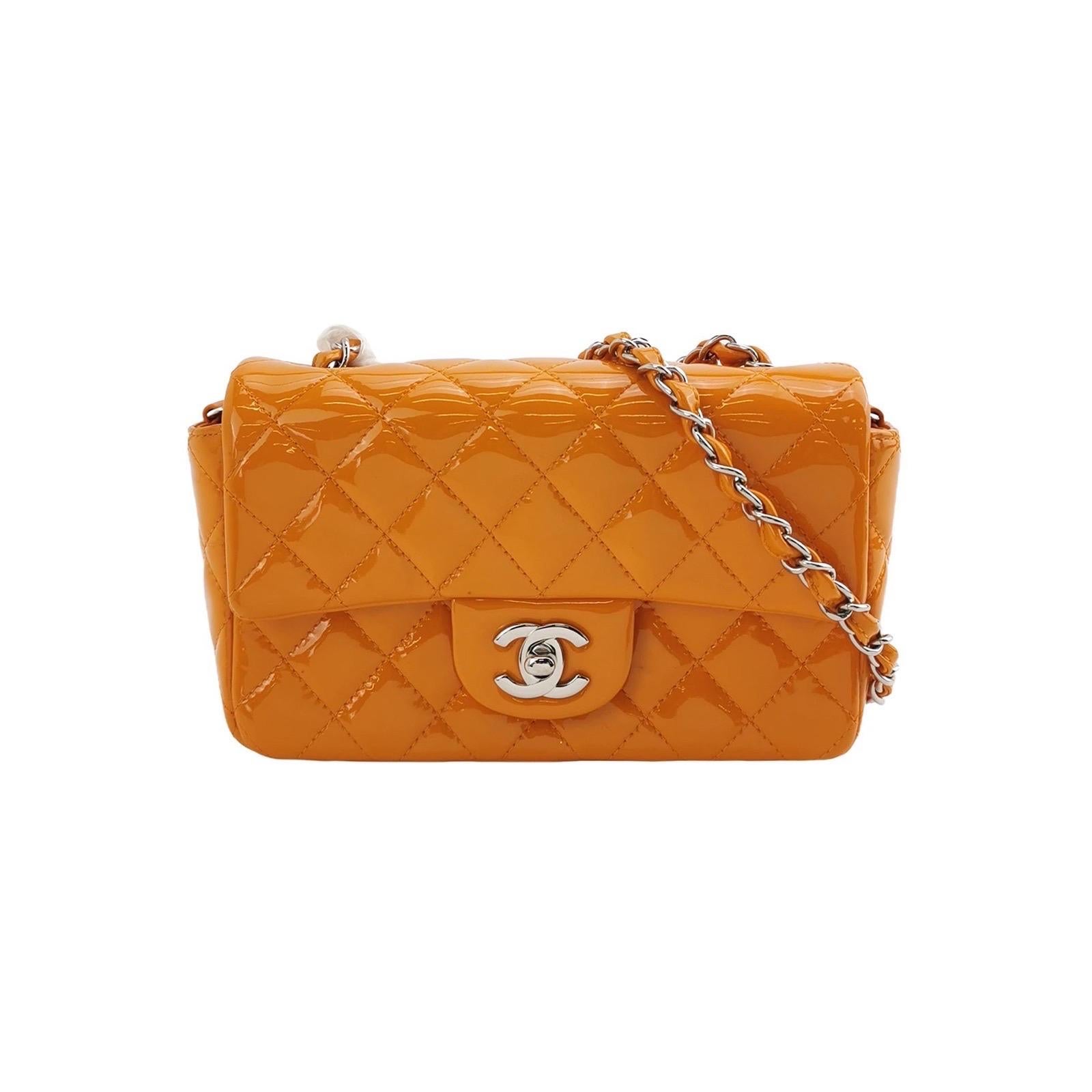 Chanel Classic Flap Mini Orange Patent Leather Silver Hardware For Sale