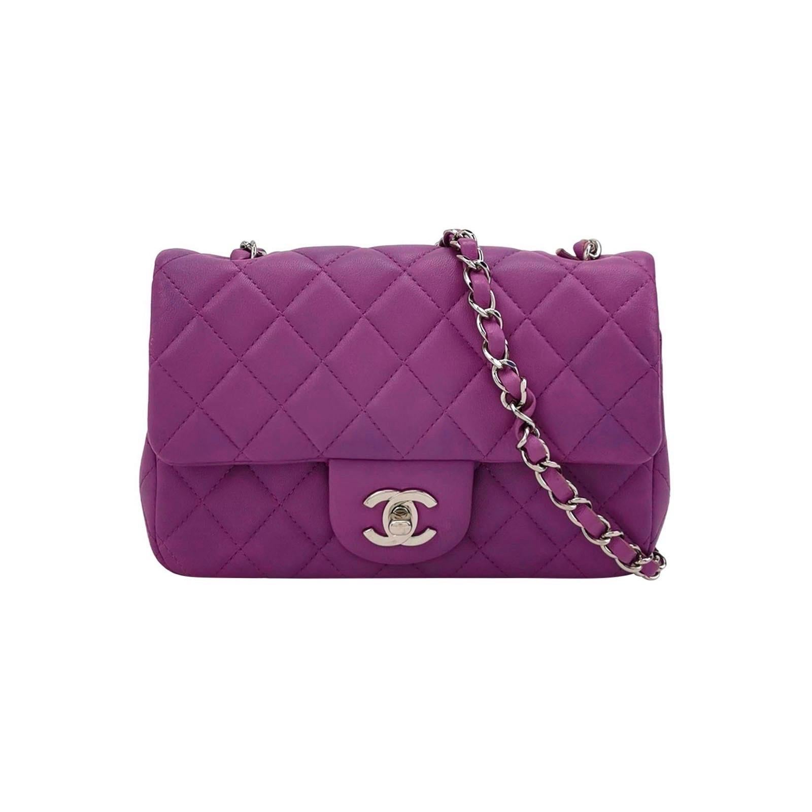 Chanel Classic Flap Mini Purple Lambskin Leather Silver Hardware For Sale