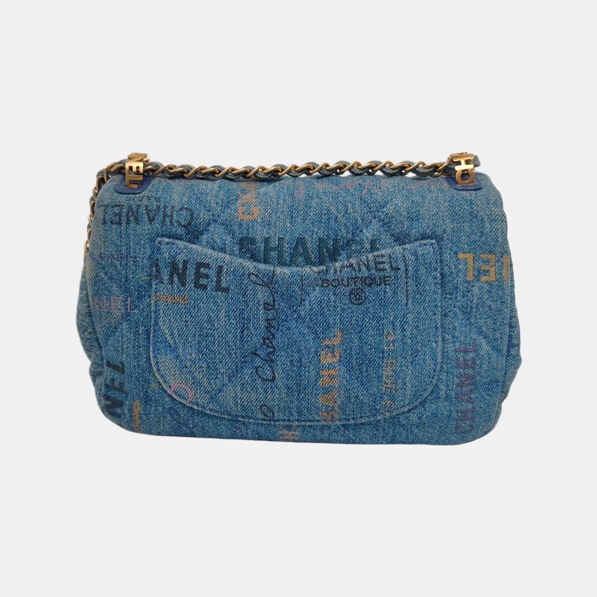 Gray Chanel Classic Flap Mini Rectangular Blue Denim Jeans Gold Hardware Microchip
