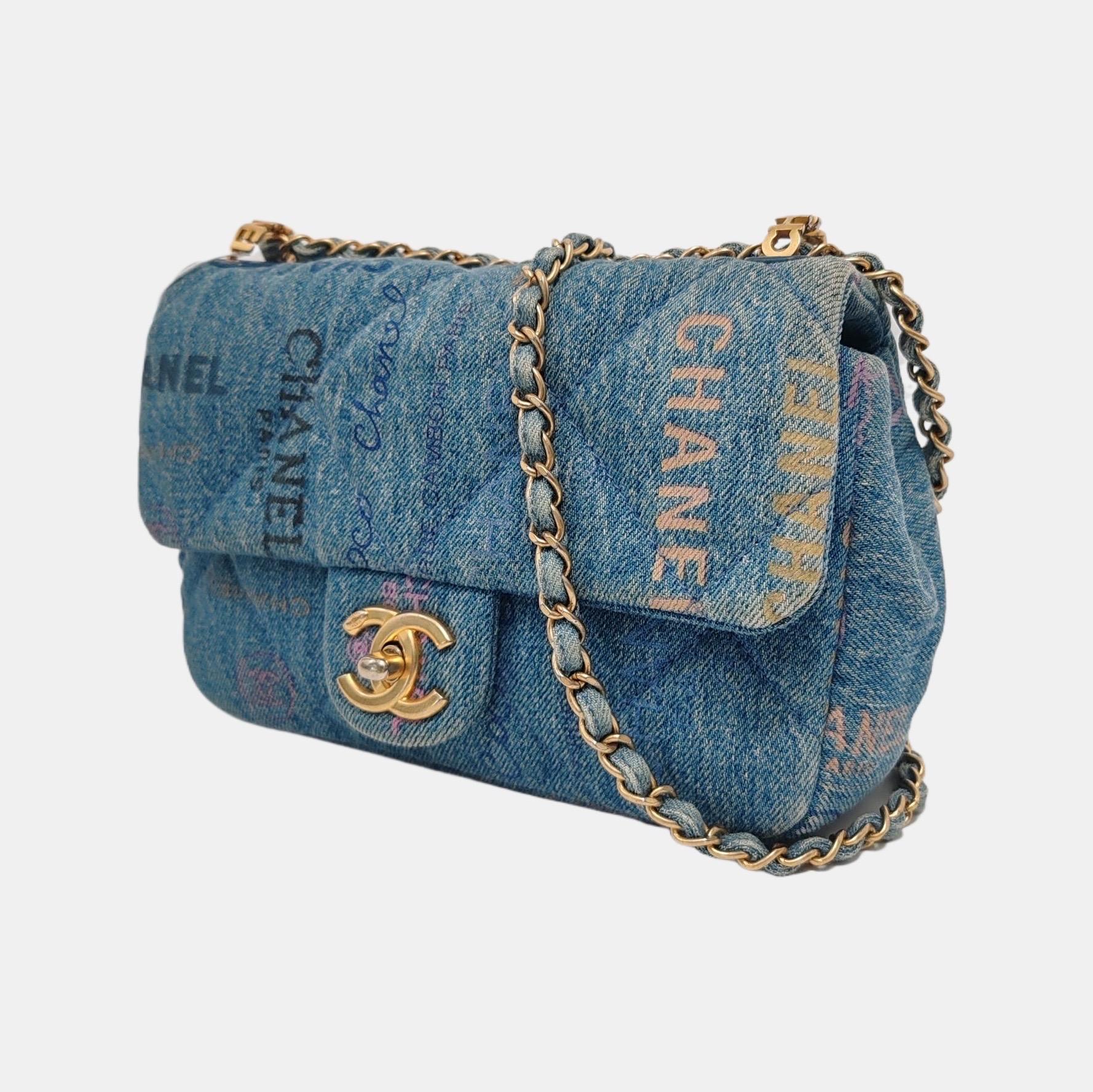 Chanel Classic Flap Mini Rectangular Blue Denim Jeans Gold Hardware Microchip In Good Condition In AUBERVILLIERS, FR