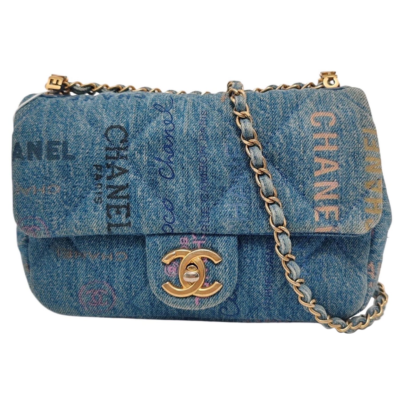 Chanel Classic Flap Mini Rectangular Blue Denim Jeans Gold Hardware Microchip