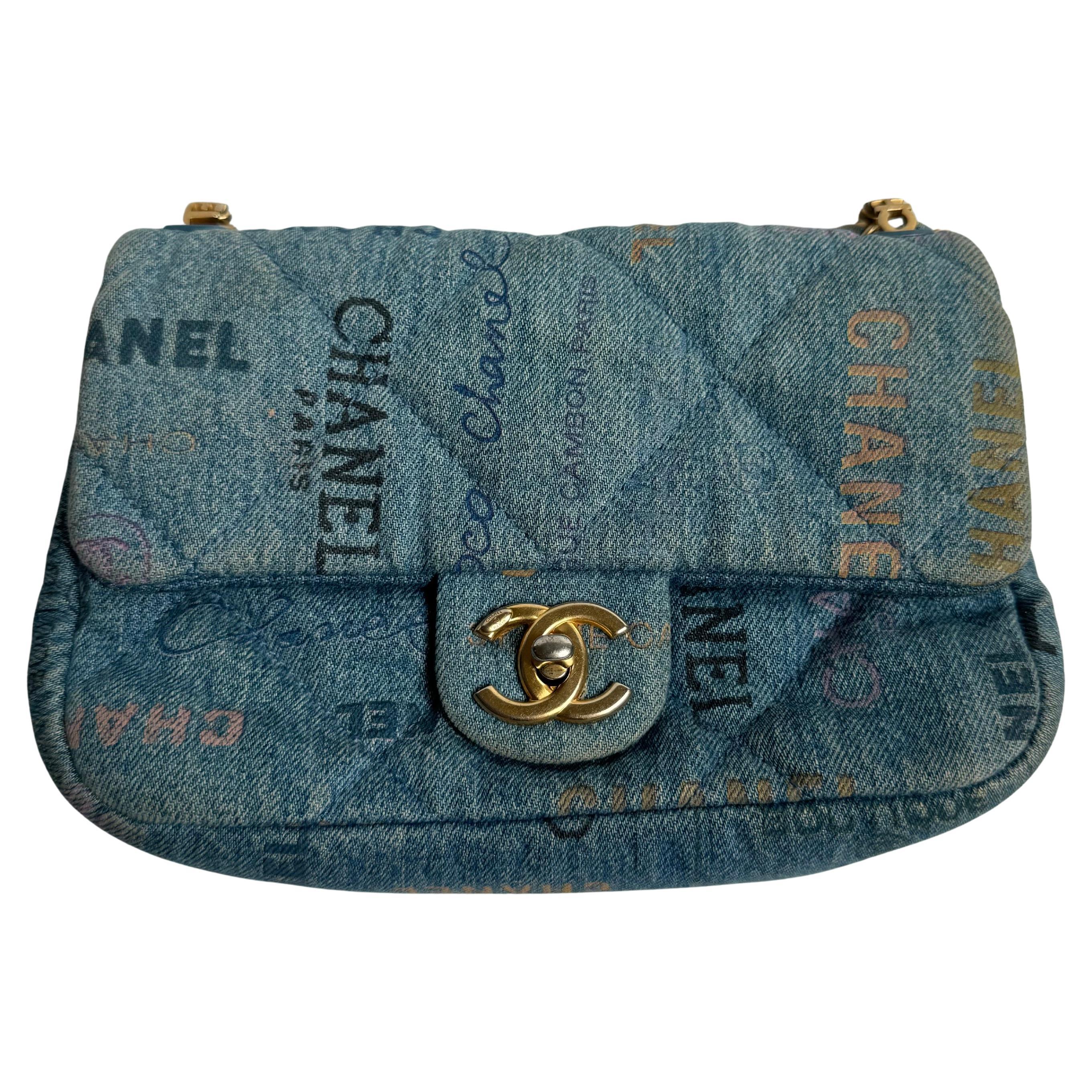 Chanel Classic Flap Mini Rectangular Blue Denim Jeans Gold Hardware Microchip en vente