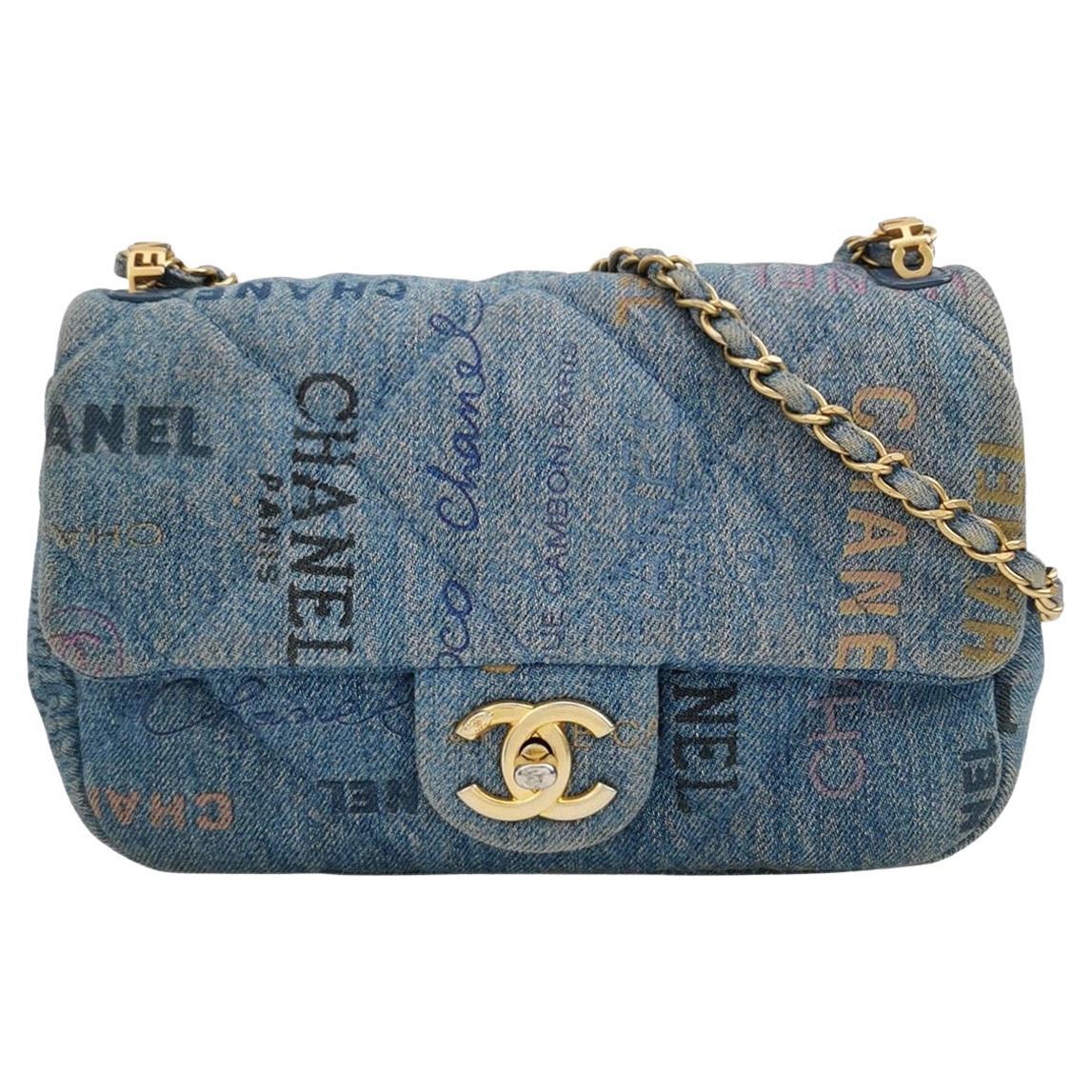 Chanel Classic Flap Mini Rectangular Blue Denim Jeans Gold Hardware Microchip