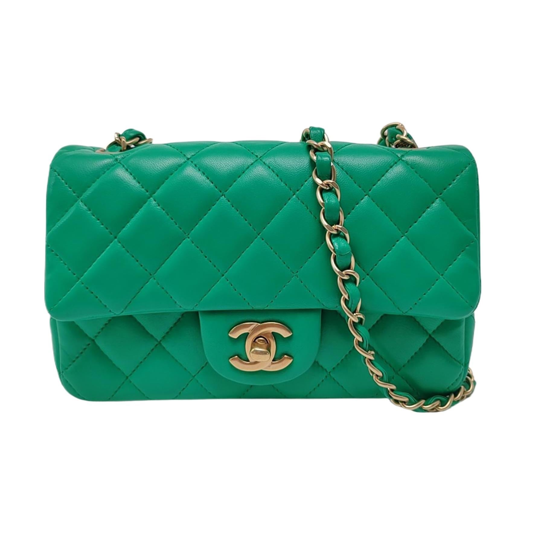 Chanel Classic Flap Mini Rectangular Green Lambskin Leather Gold Hardware