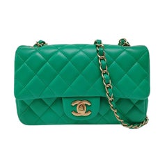 Chanel Classic Flap Mini Rectangular Green Lambskin Leather Gold Hardware