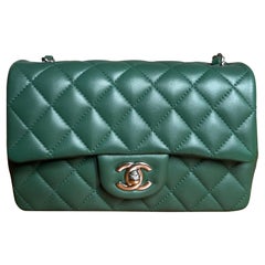 Chanel Classic Flap Mini Rectangular Green Lambskin Leather Silver Hardware