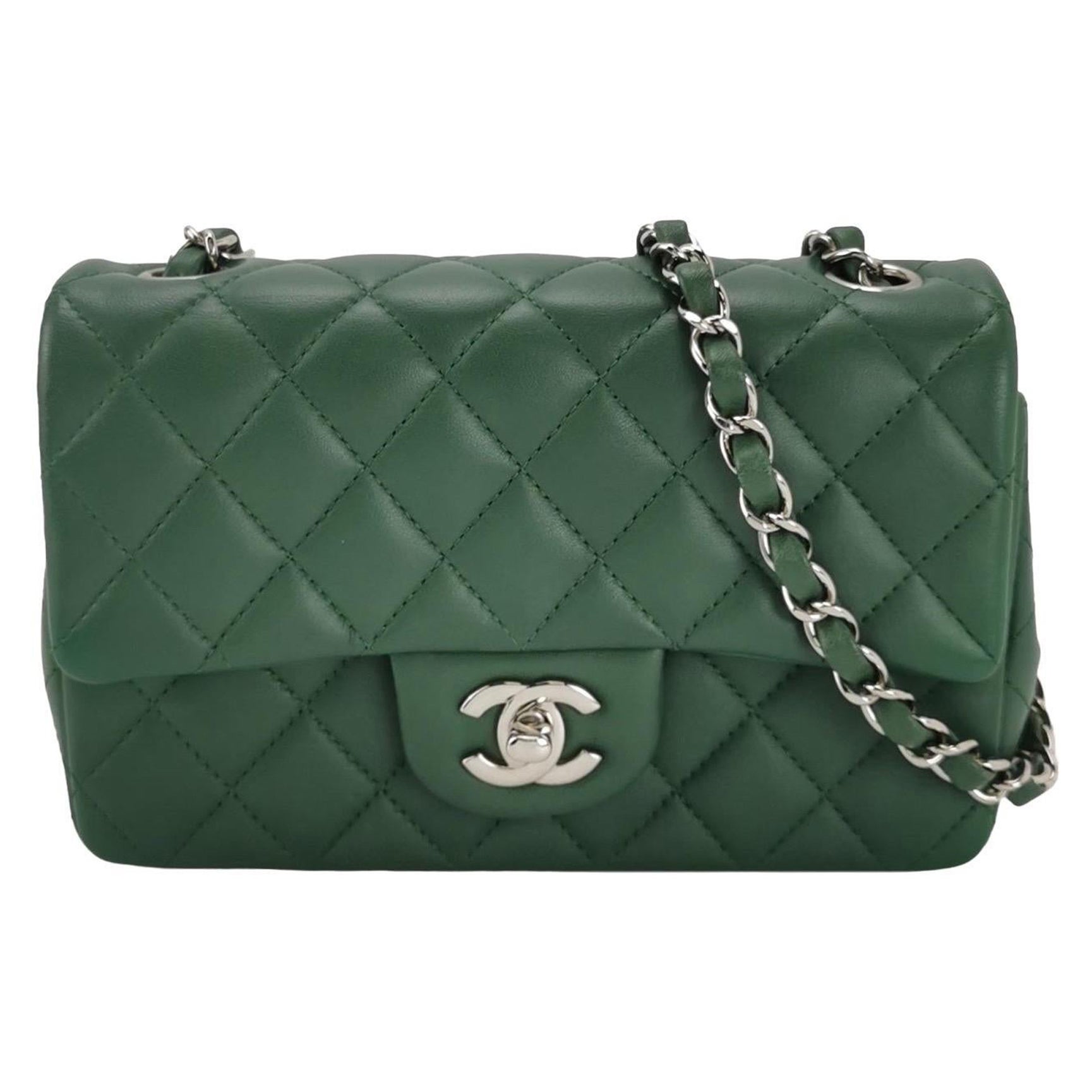 Chanel Classic Flap Mini Rectangular Green Lambskin Leather Silver Hardware