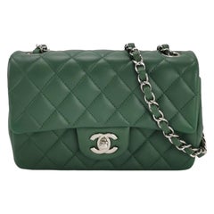 Chanel Classic Flap Mini Rectangular Green Lambskin Leather Silver Hardware