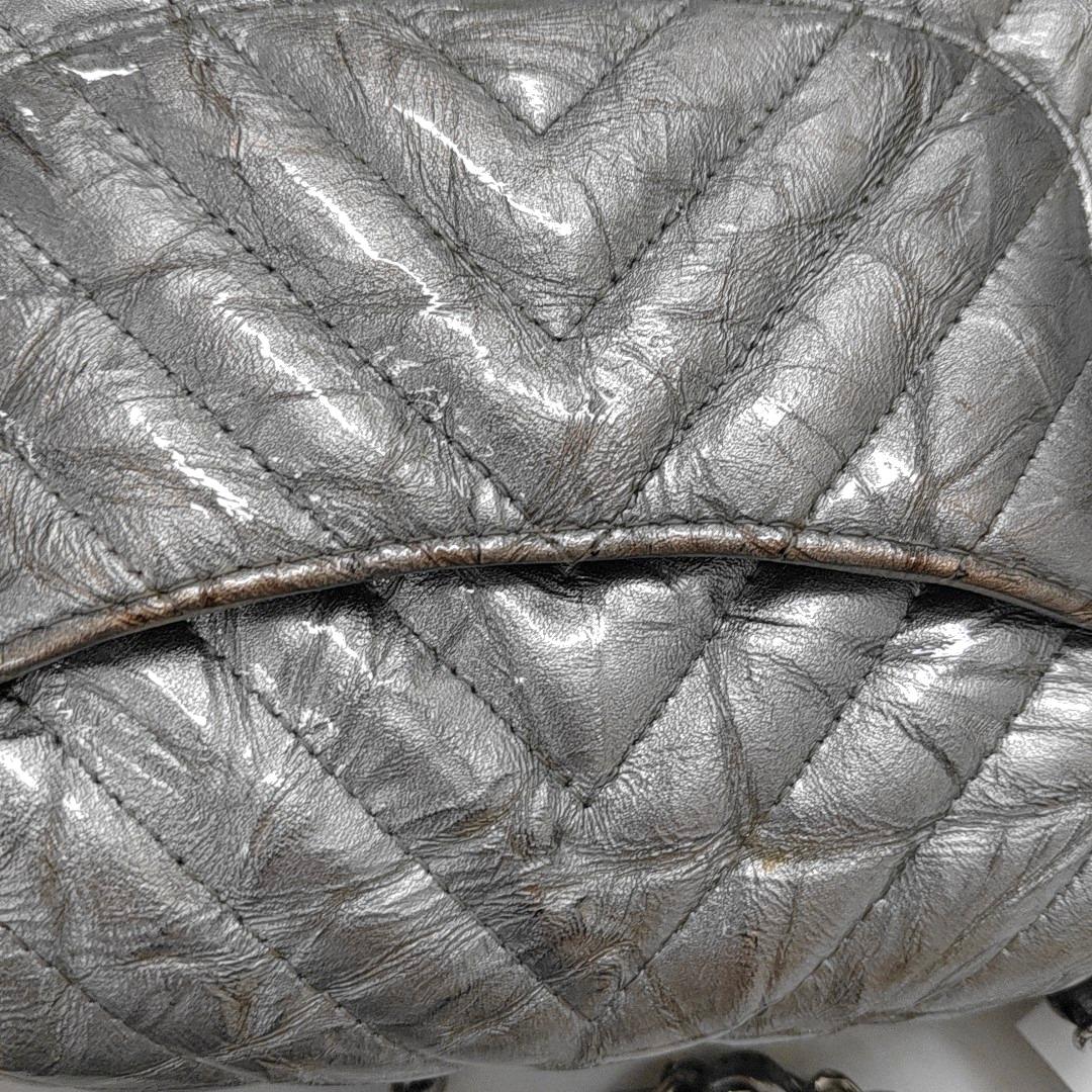 Chanel Classic Flap Mini Rectangular Patent Metallic Crumpled Calfskin Chevron For Sale 9