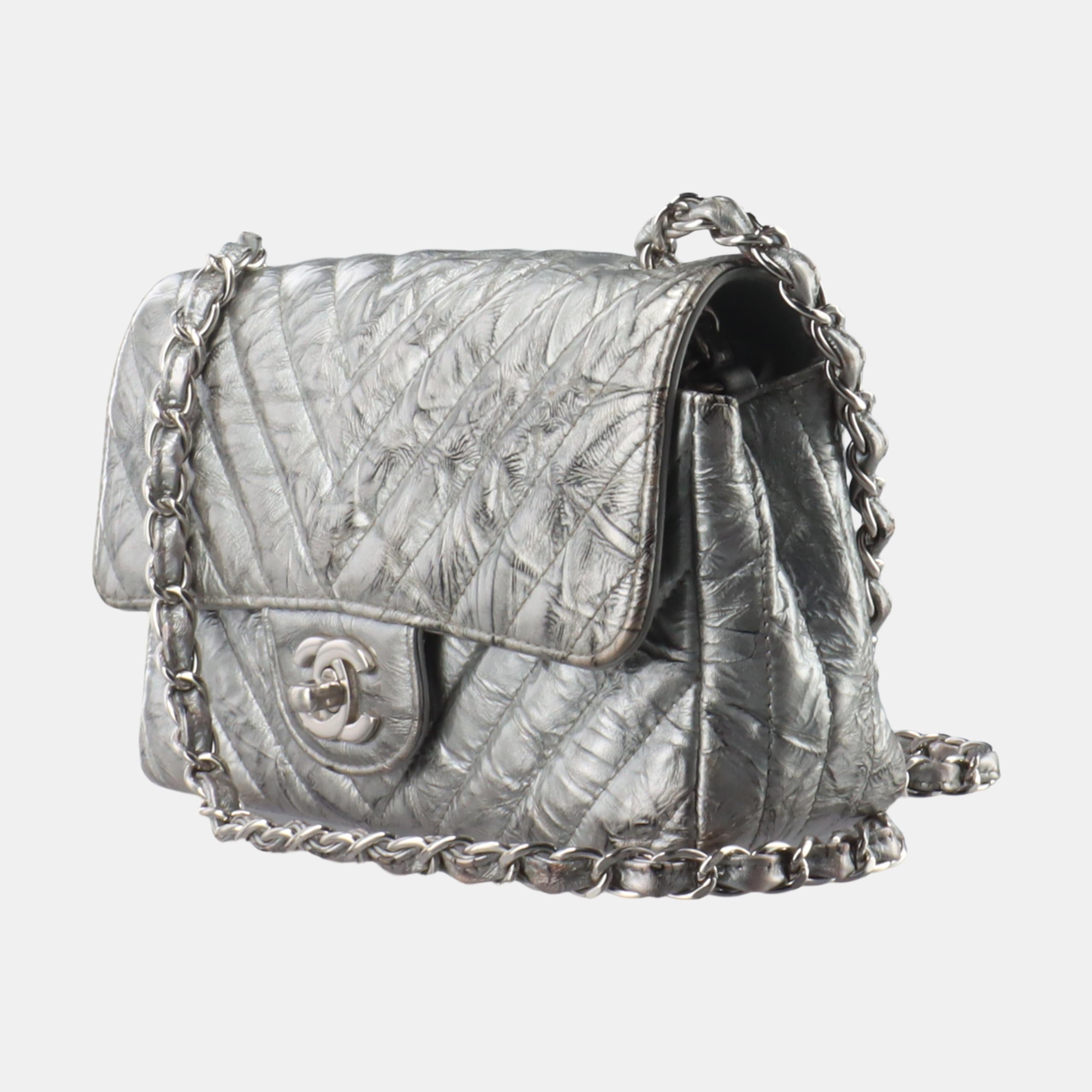 Gray Chanel Classic Flap Mini Rectangular Patent Metallic Crumpled Calfskin Chevron For Sale