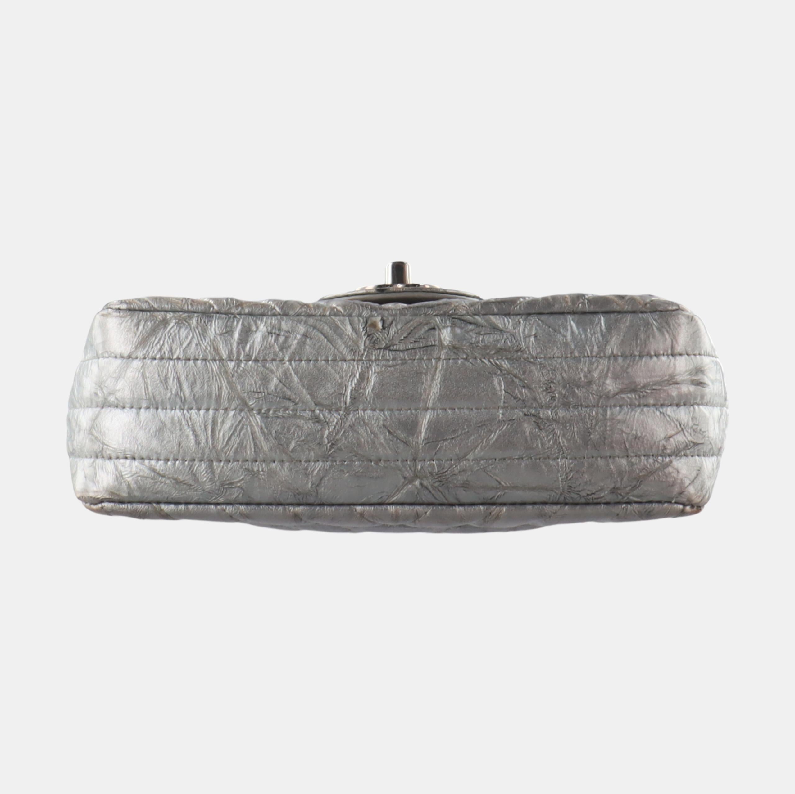 Chanel Classic Flap Mini Rectangular Patent Metallic Crumpled Calfskin Chevron For Sale 2