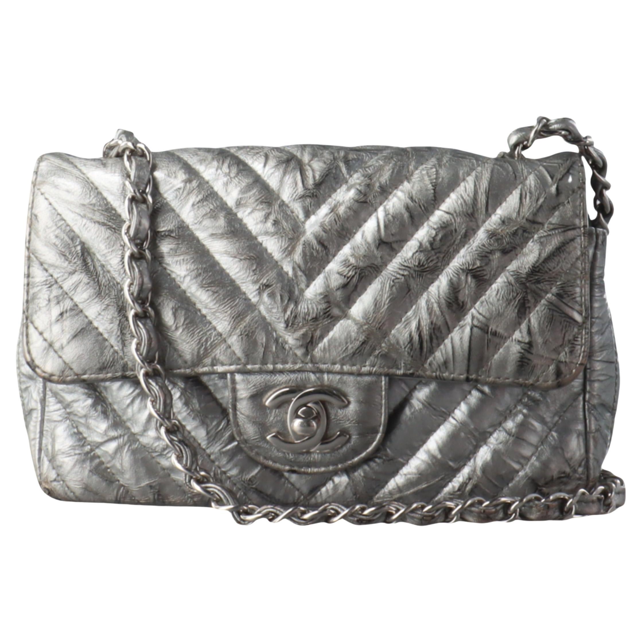 Chanel Classic Flap Mini Rectangular Patent Metallic Crumpled Calfskin Chevron For Sale