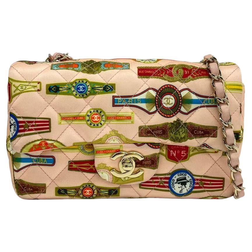 Chanel Classic Flap Mini Satin Paris Cuba Cigar Label Print Pink Multicolor 2017 For Sale