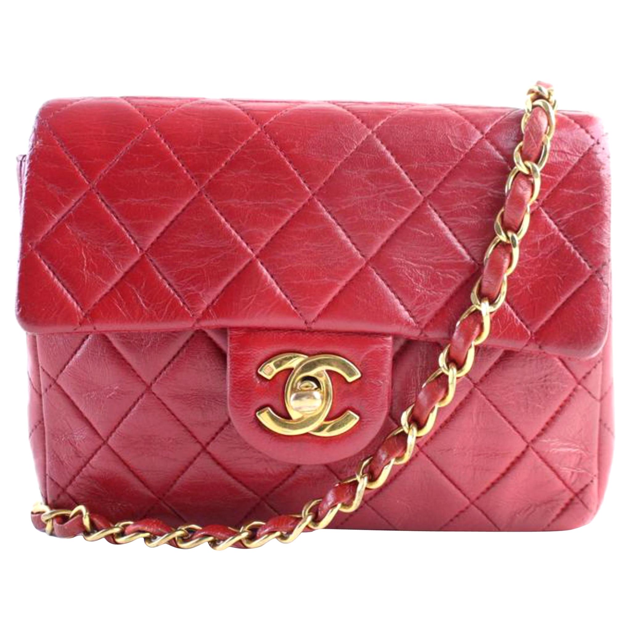 Chanel Classic Flap Mini Square 4cr0703 Red Leather Cross Body Bag For Sale