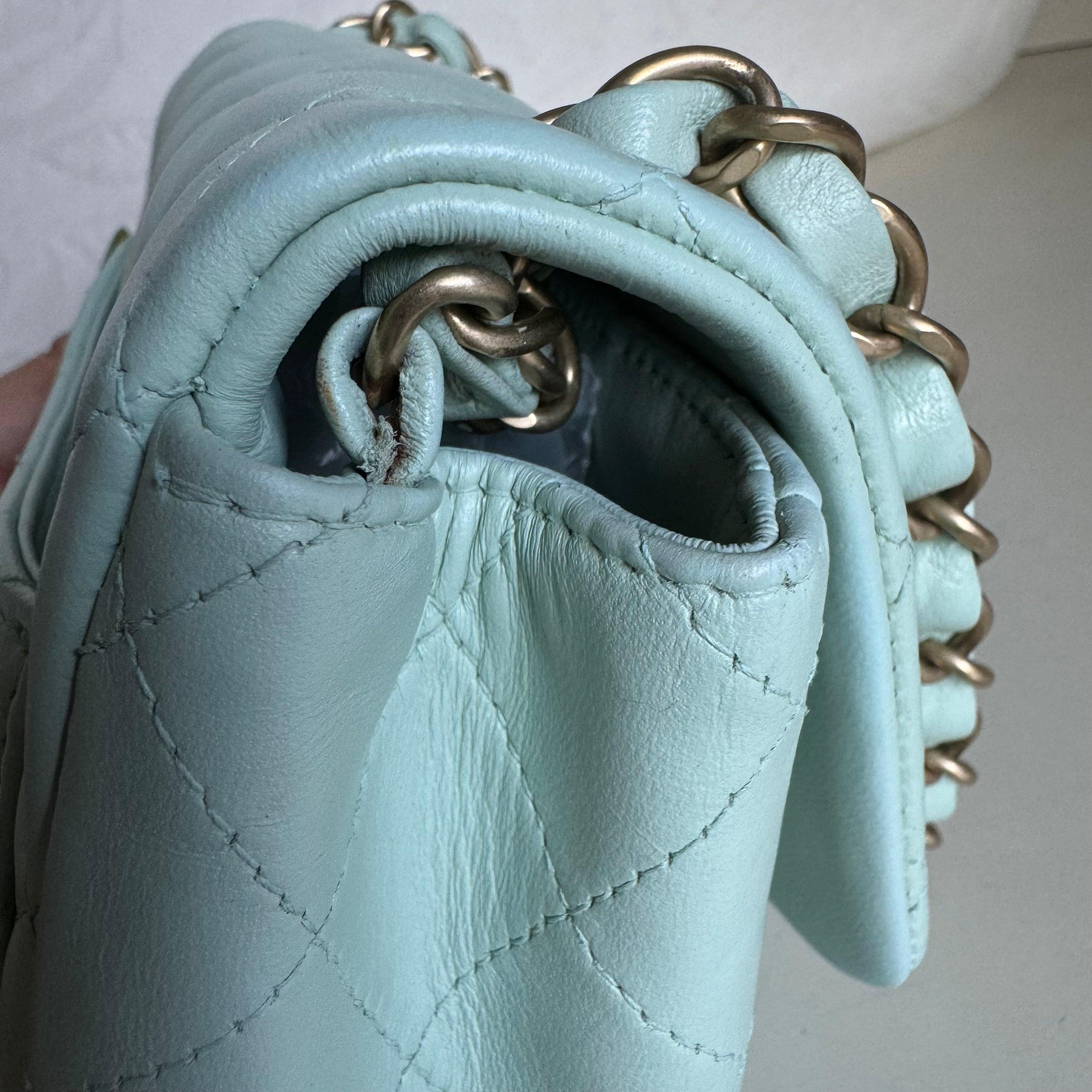 Chanel Classic Flap Mini Square Baby Mint Blue Lambskin Crossbody Bag, 2014 For Sale 5