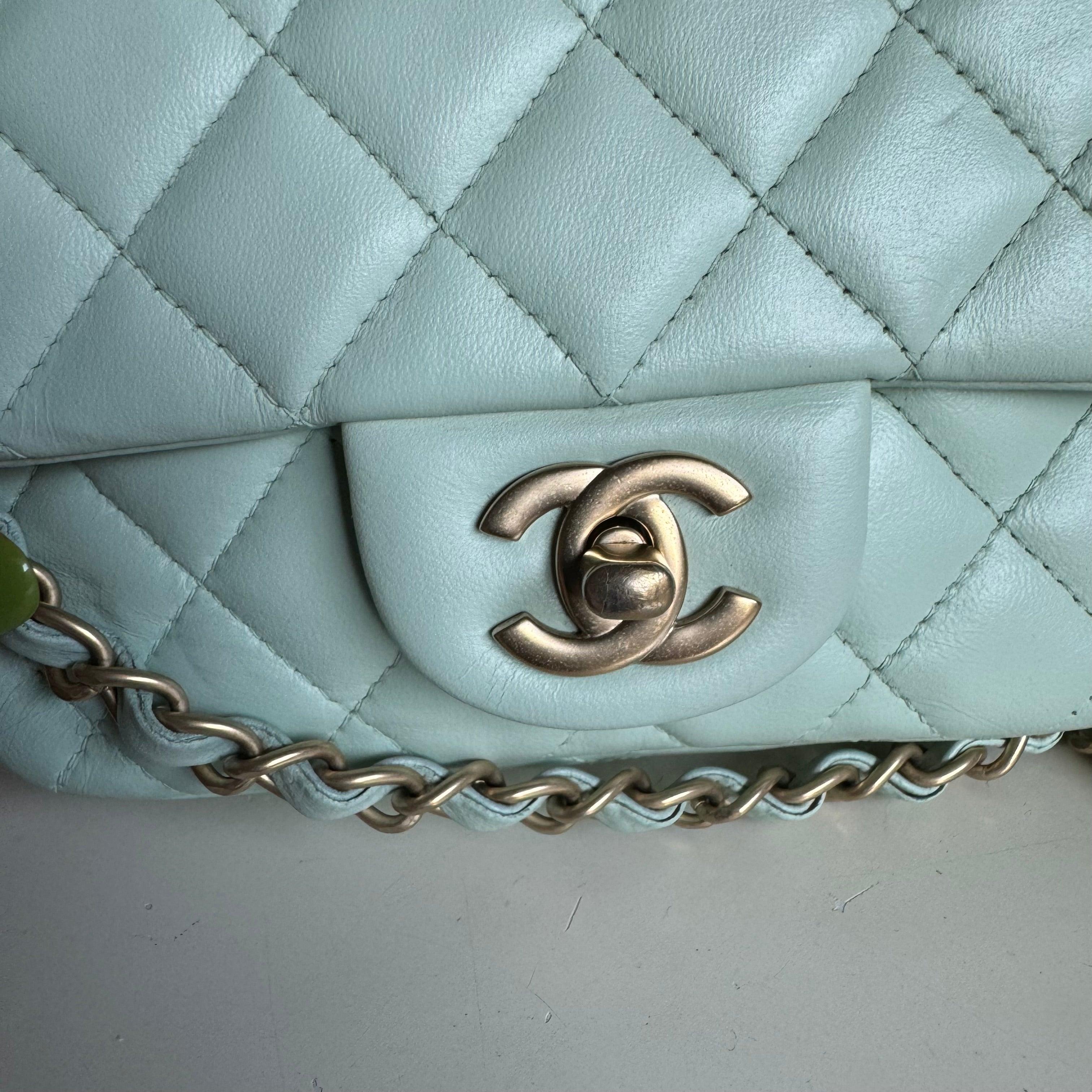 Chanel Classic Flap Mini Square Baby Mint Blue Lambskin Crossbody Bag, 2014 For Sale 7