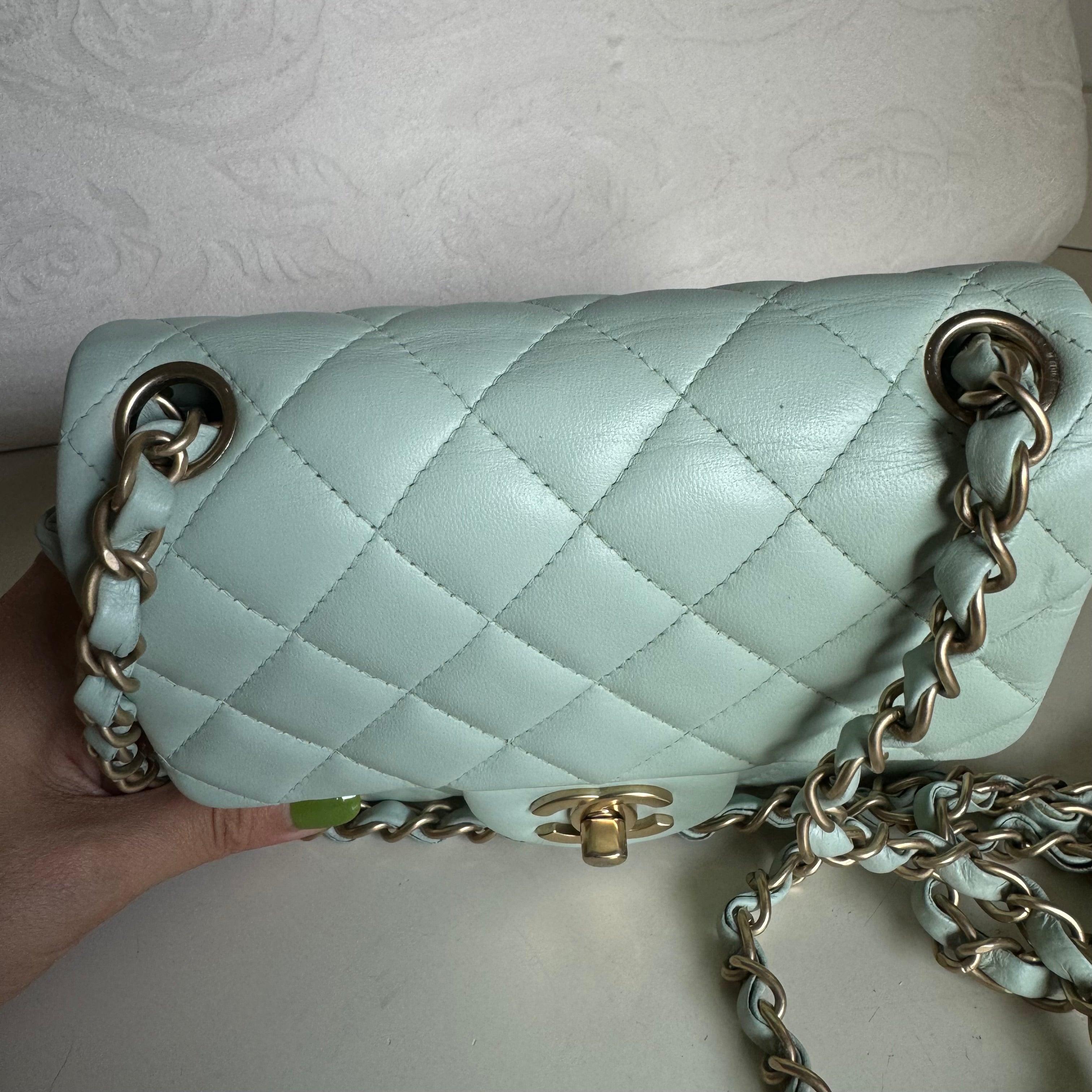 Chanel Classic Flap Mini Square Baby Mint Blue Lambskin Crossbody Bag, 2014 For Sale 8