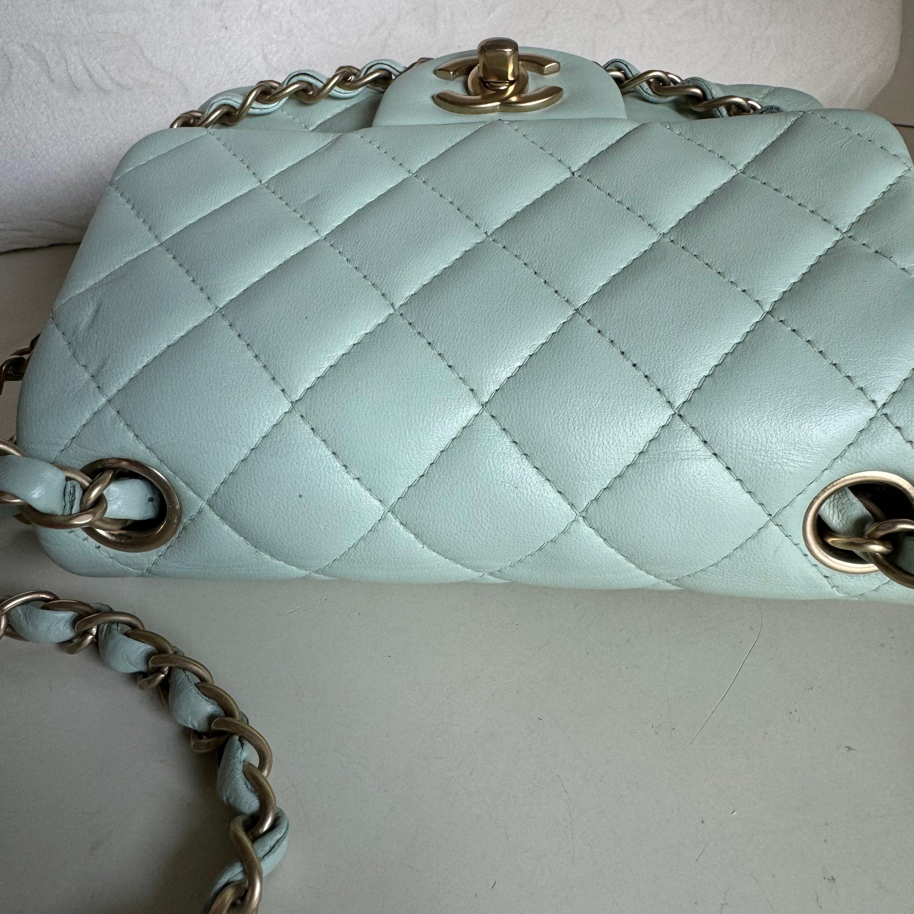 Chanel Classic Flap Mini Square Baby Mint Blue Lambskin Crossbody Bag, 2014 For Sale 9