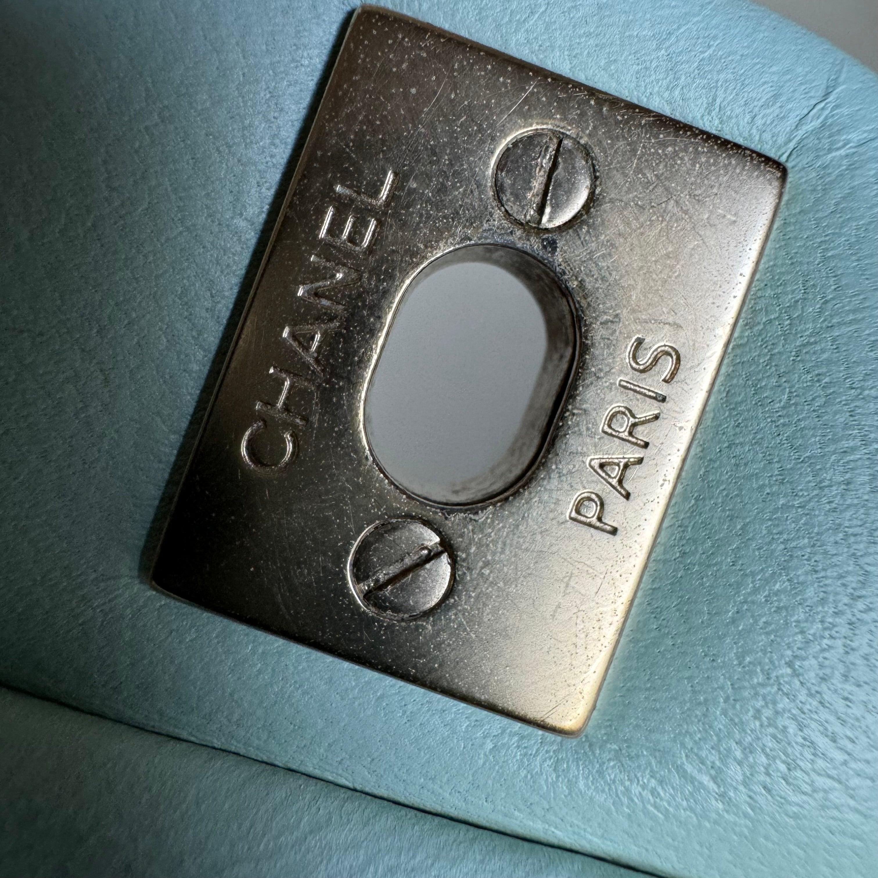 Chanel Classic Flap Mini Square Baby Mint Blue Lambskin Crossbody Bag, 2014 For Sale 10
