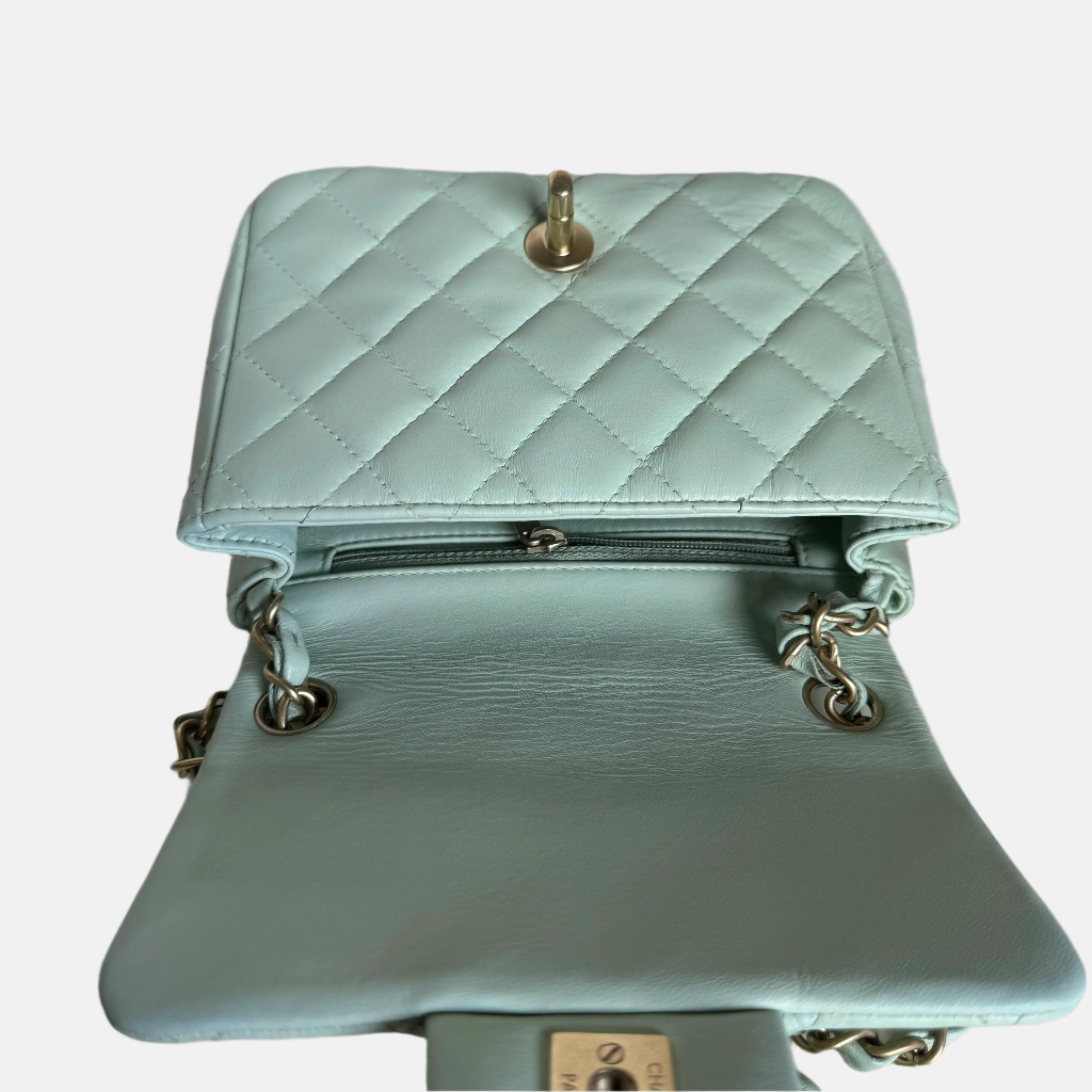 Chanel Classic Flap Mini Square Baby Mint Blue Lambskin Crossbody Bag, 2014 For Sale 11