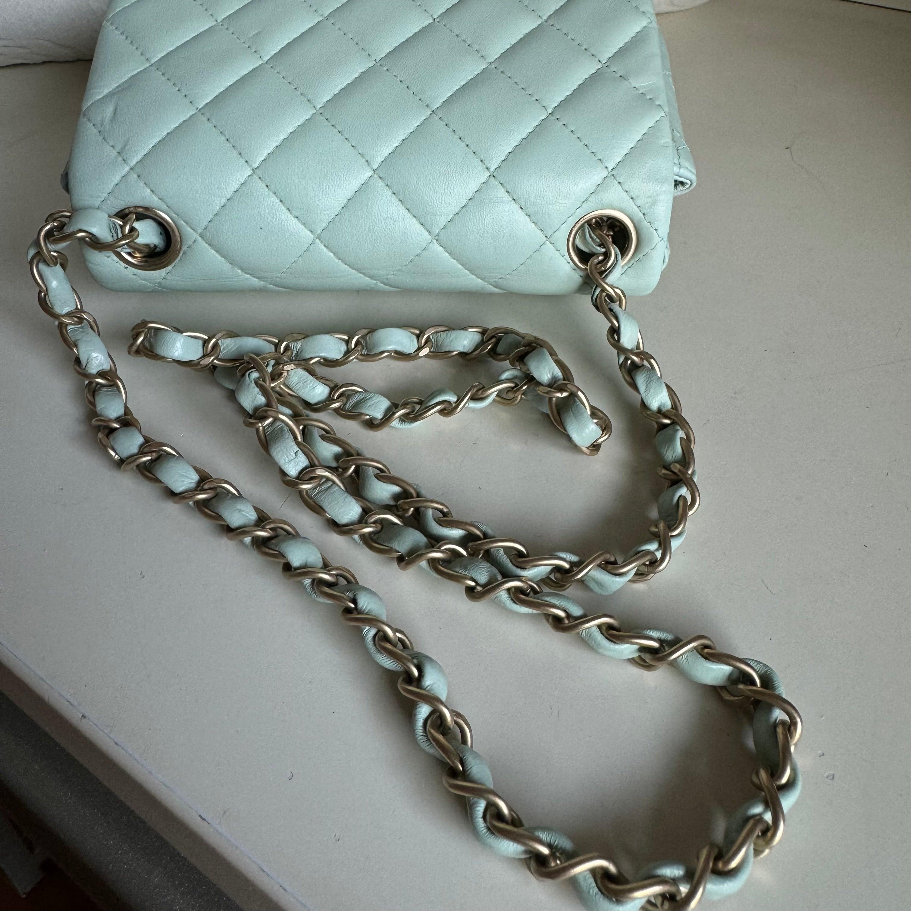 Chanel Classic Flap Mini Square Baby Mint Blue Lambskin Crossbody Bag, 2014 For Sale 12